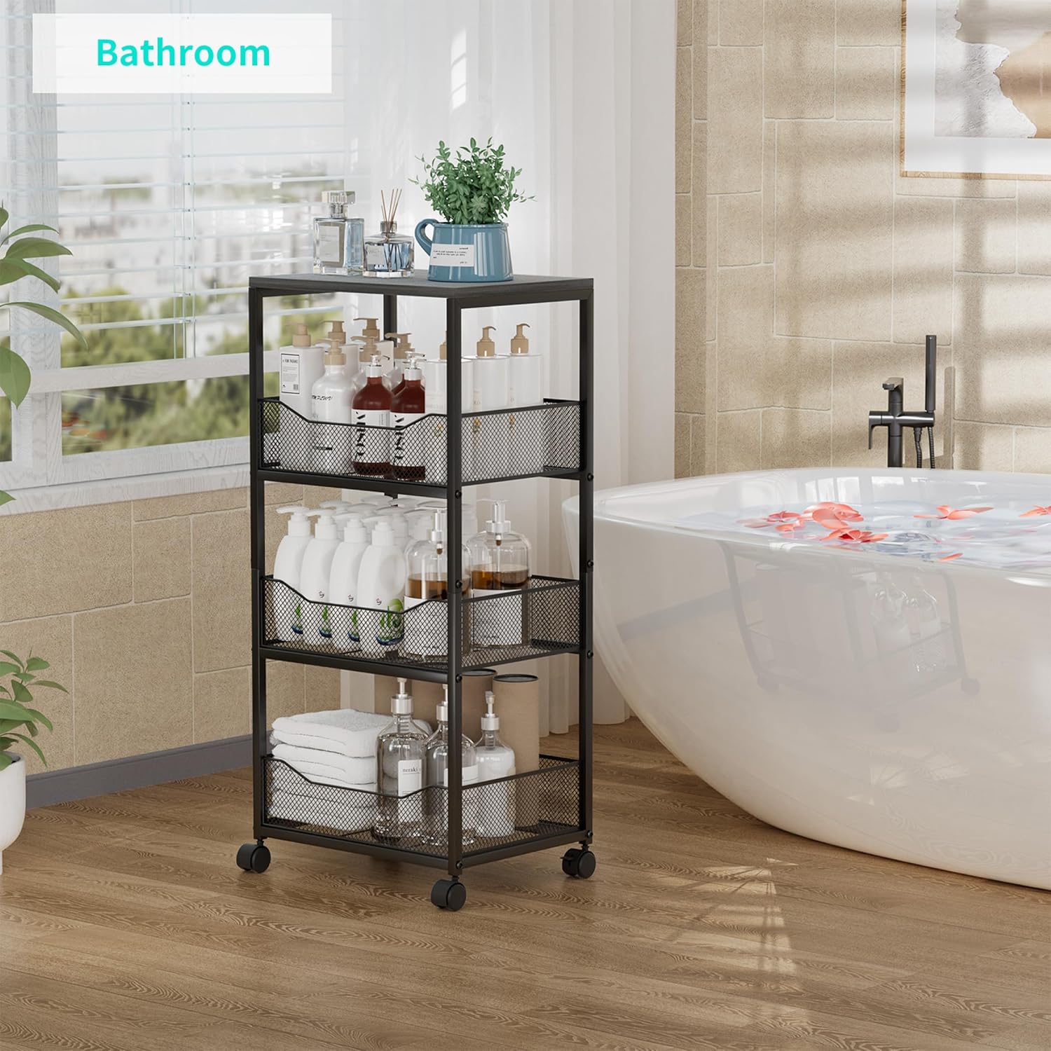 HapiRm Fruit Basket Kitchen Cart - 4-Tier Rolling Storage Cart with Wheels, Fruit Vegetable Basket with Wood Top, Pantry Utility Kitchen Organizer for Fruit Potato Onion Vegetable Bread Snack