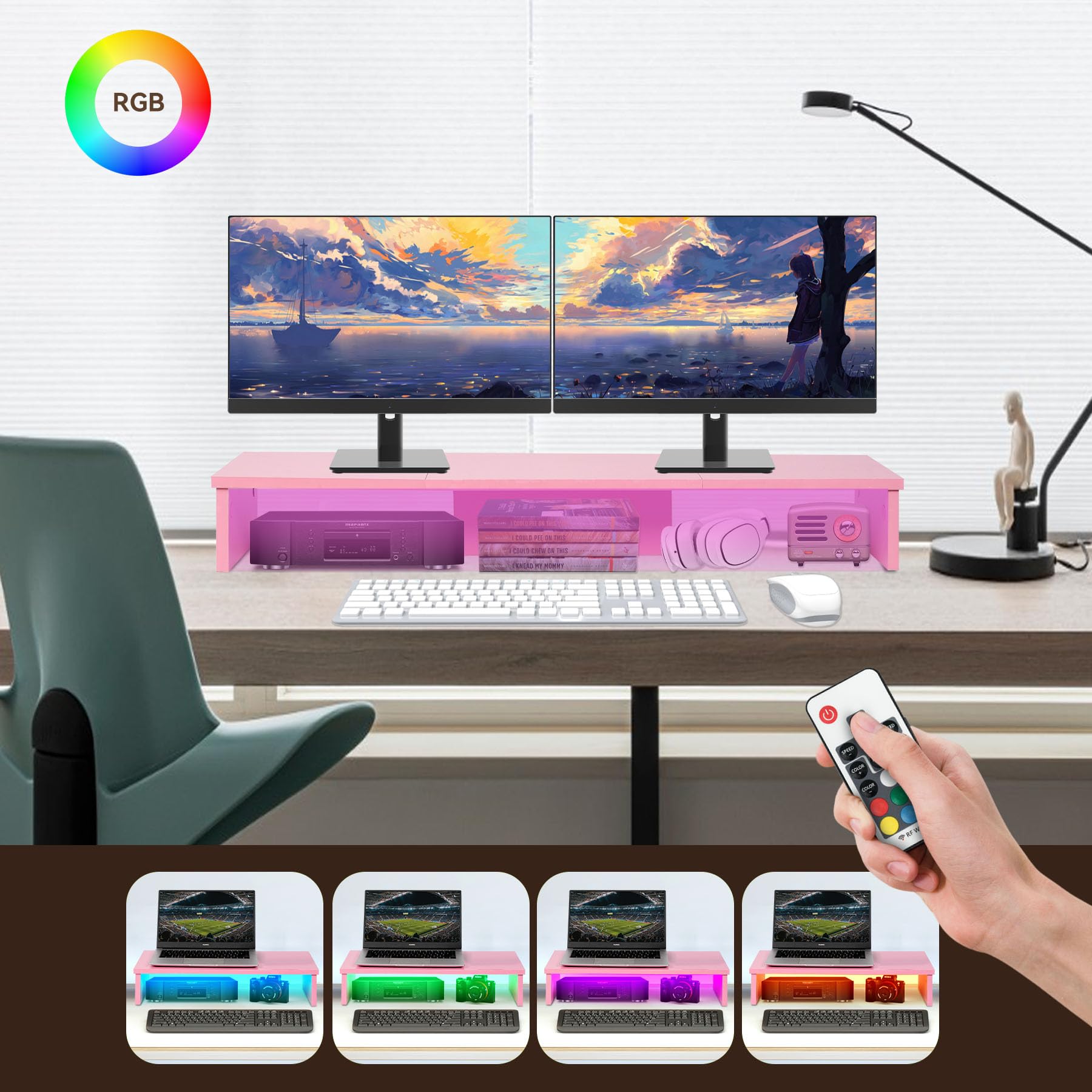 Podnośnik pod telewizor ze światłami LED, 108.0 cm, super duży stojak na monitor, stojak pod telewizor na biurko, organizer na biurko, organizer na komputer, telewizor, laptop, drukarkę