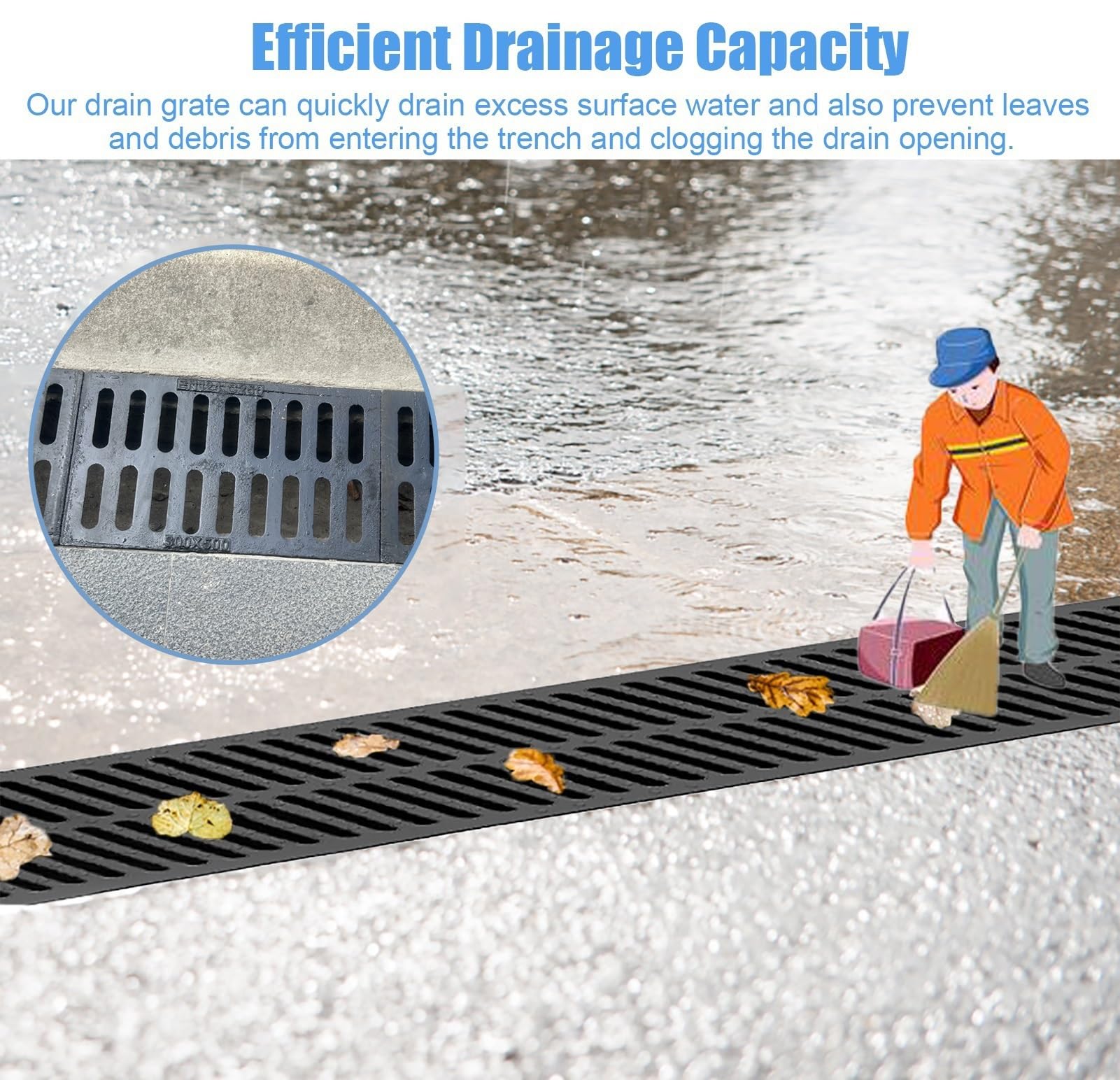 Caniveau Exterieur Grille de Drainage en Fonte Robuste pour Cour, Couvercle de Drain de Sol de Sous-sol Rectangulaire Durable, Grille de Drainage D'égout Amovible pour Bloquer Les Débris(50x30x3cm/19.