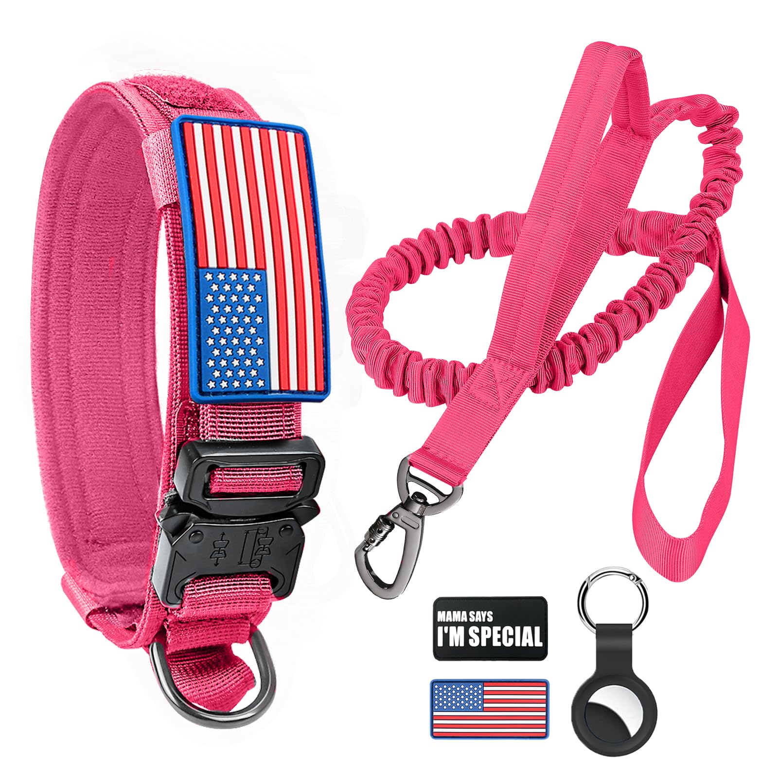 Tactical Dog Collar and Bungee Leash Set, Adjustable Military Training Nylon Dog Collar with Controll Handle and Heavy Metal Buckle，with USA American