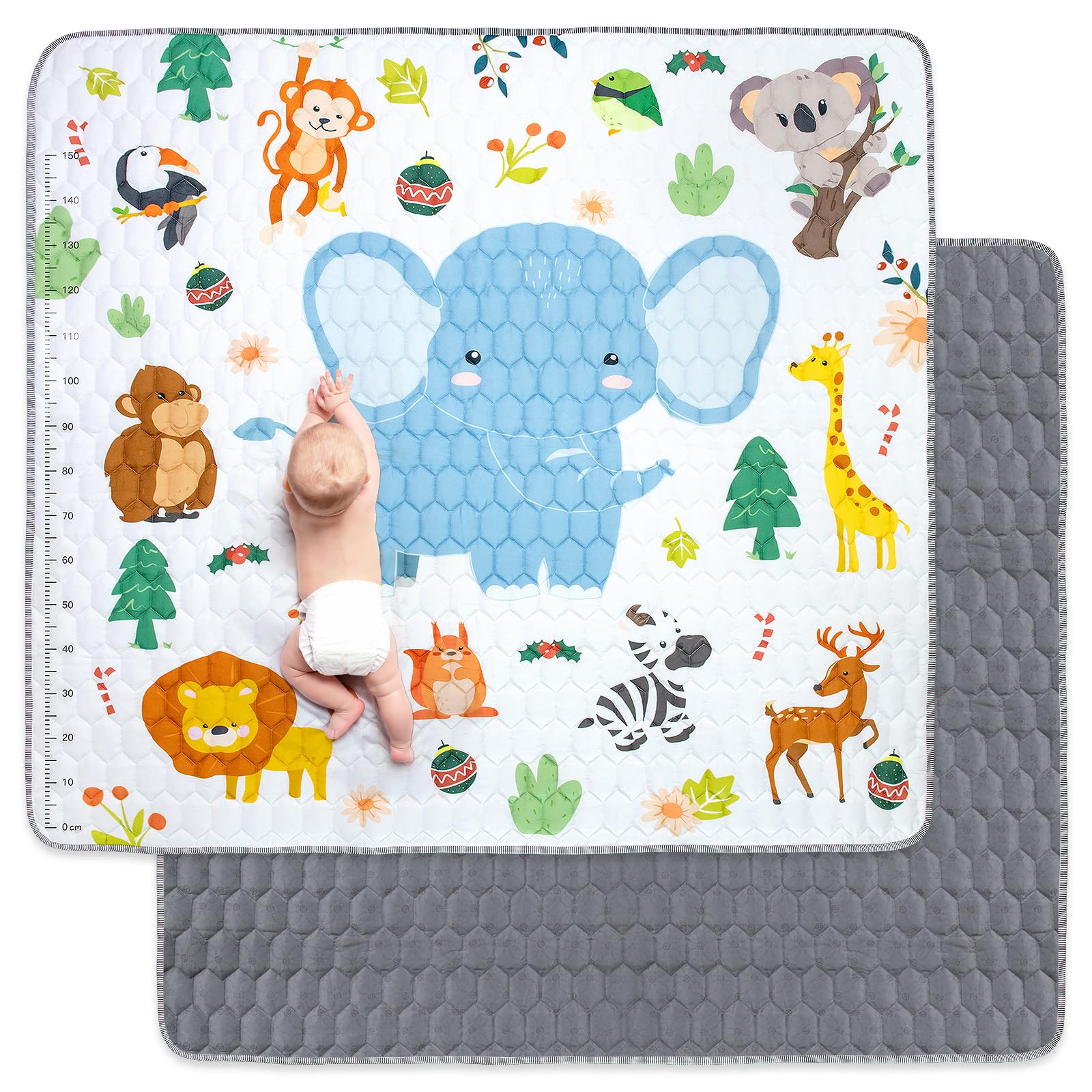 Funsland Krabbelteppich für Baby, Rutschfeste Baby Spielmatte Schadstofffrei 200x180cm, Baumwolle Tier Krabbelmatte Baby Faltbar mit Einem Höhenlineal, Kinder Spielmatte für Innen/Außen/Zaun