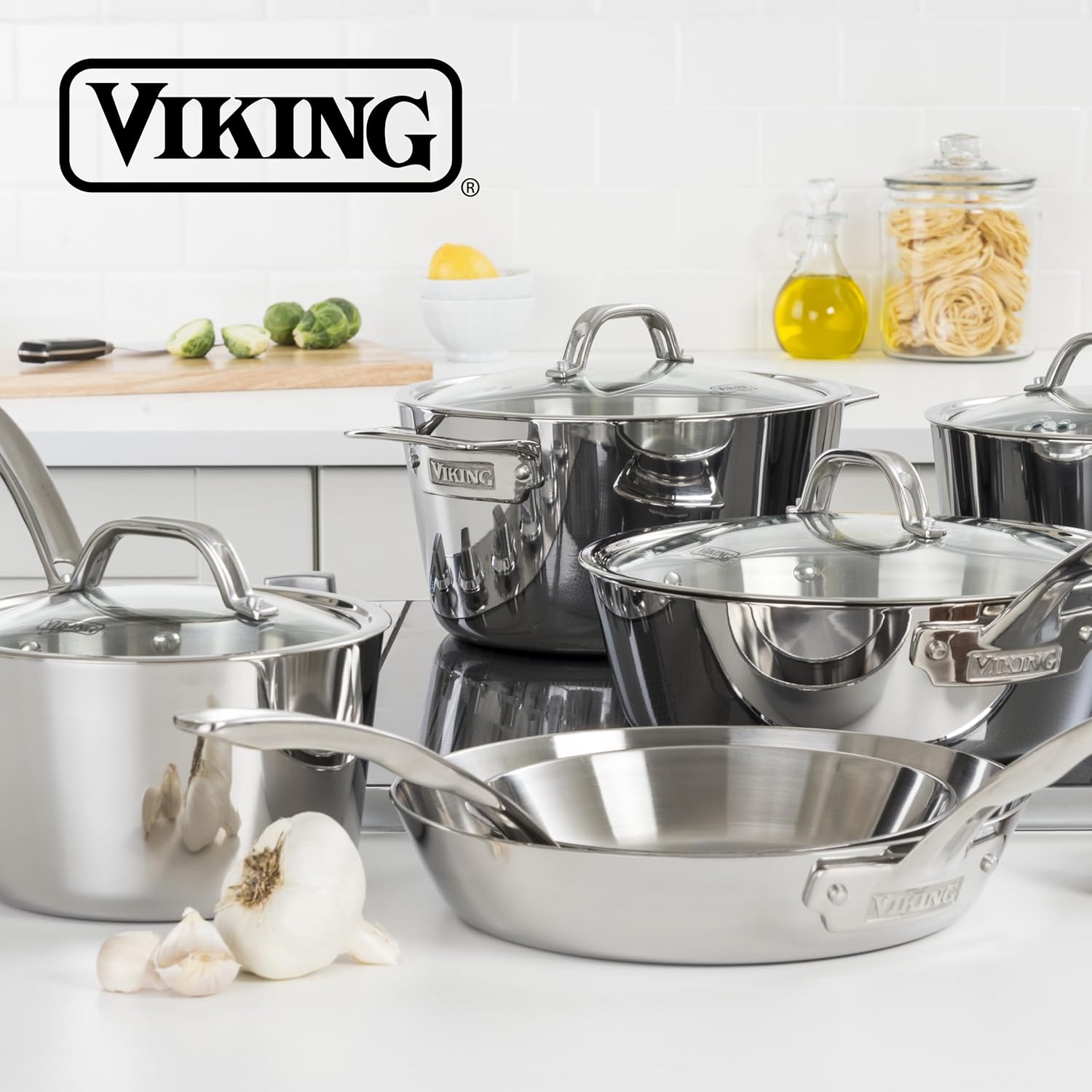 Viking Contemporary 3-Ply Pots and Pans Set, 10 Piece Stainless Steel Kitchen Cookware, Silver
