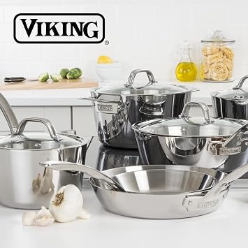 Viking Contemporary 3-Ply Pots and Pans Set, 10 Piece Stainless Steel Kitchen Cookware, Silver