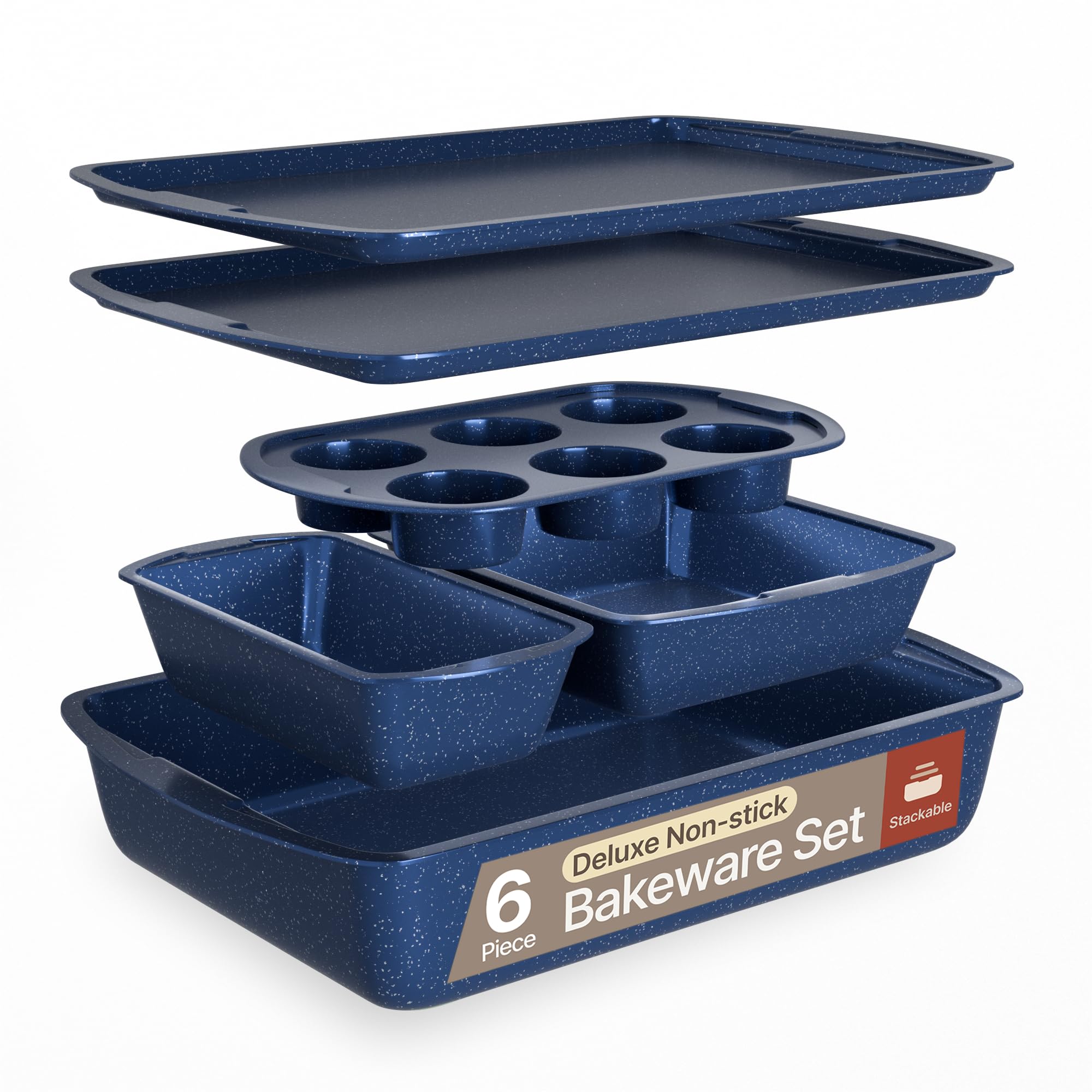 BAKKEN Kitchen Baking Pan Set - Nonstick Blue Marble Coating, Commercial Grade Carbon Steel Bakeware Sets, Baking Kitchen Essentials, PFOA, PFOS, PTFE Free, Oven Safe Tray (Up To 450° F), Set of 6