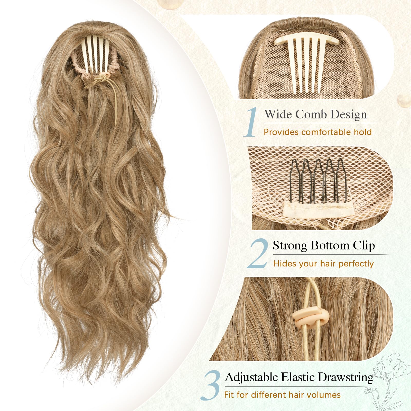 Sofeiyan Cola de Caballo Extensiones con Cordón, 60 cm Ondulado Extensiones Pelo Natural Coleta Postiza Sinteticas Peines Clip in Postizos de Pelo para Mujer, Rubio Ceniza Mixto