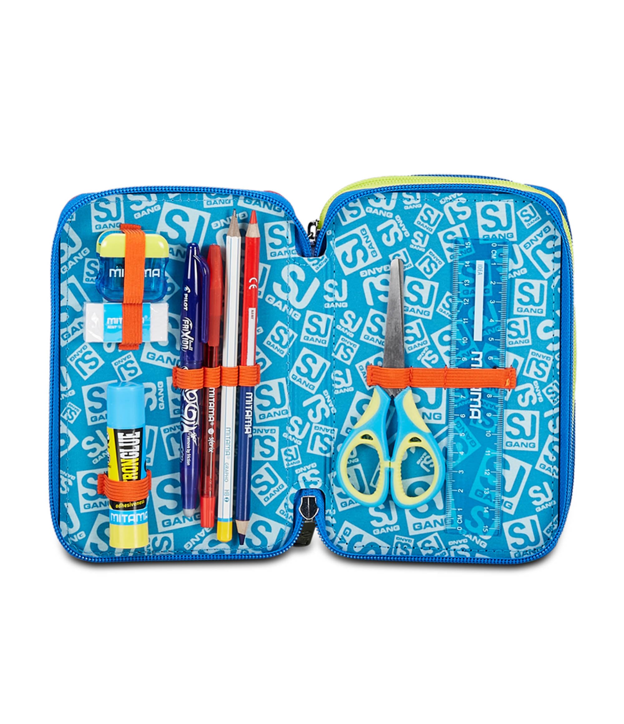 SJ Gang Astuccio Scuola 3 Zip, Blu, RealBasket, Portapenne Triplo Scomparto Completo Di Penne, Matite, Colori, Accessori Zaino, Elementari, Medie, Bambino, 30C202406-535