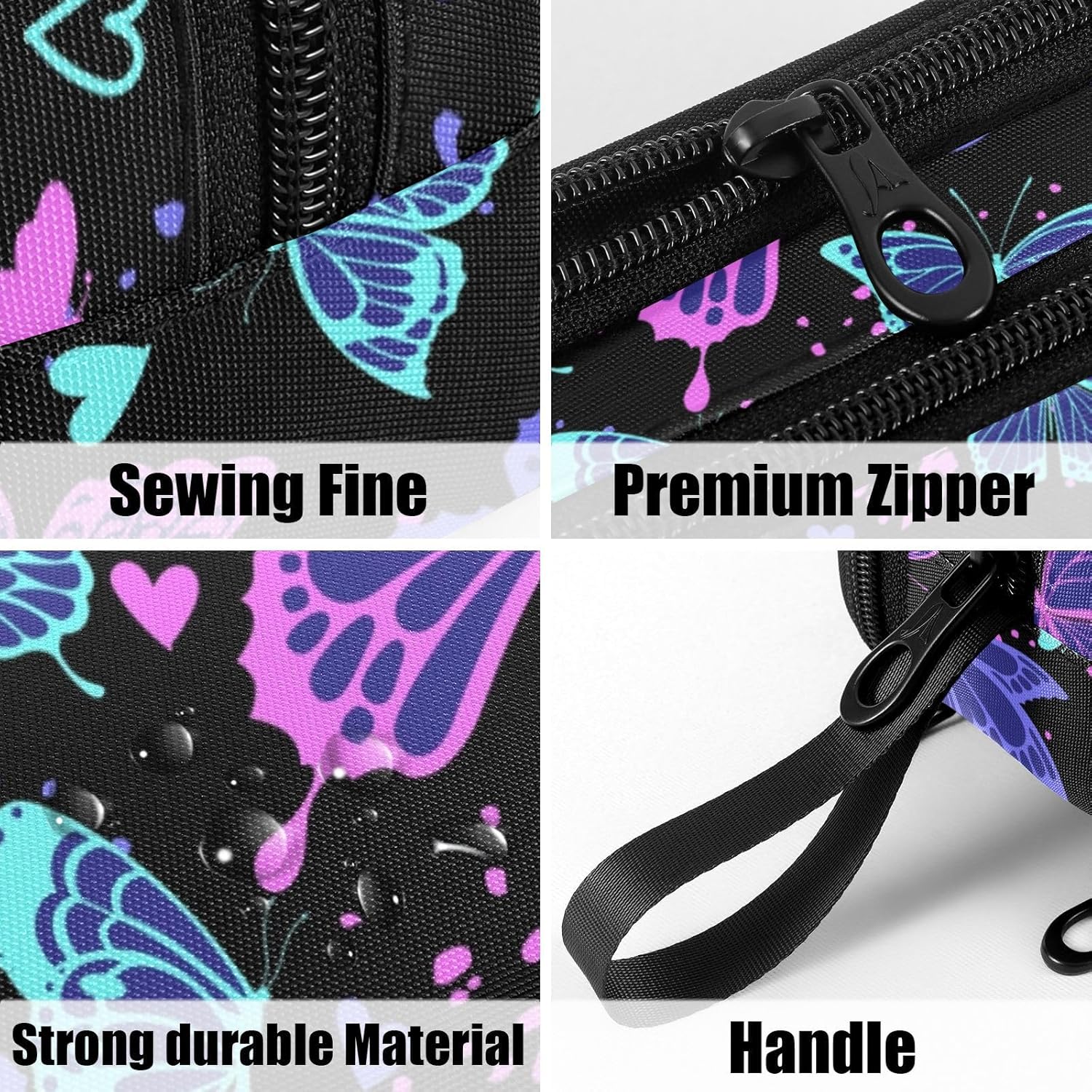 Fustylead Neon Colors Beautiful Butterfly and Heart Pencil Pen Case with 3 Compartments, Lightweight & Spacious Stationery Bag Cosmetics Bag - Image 5