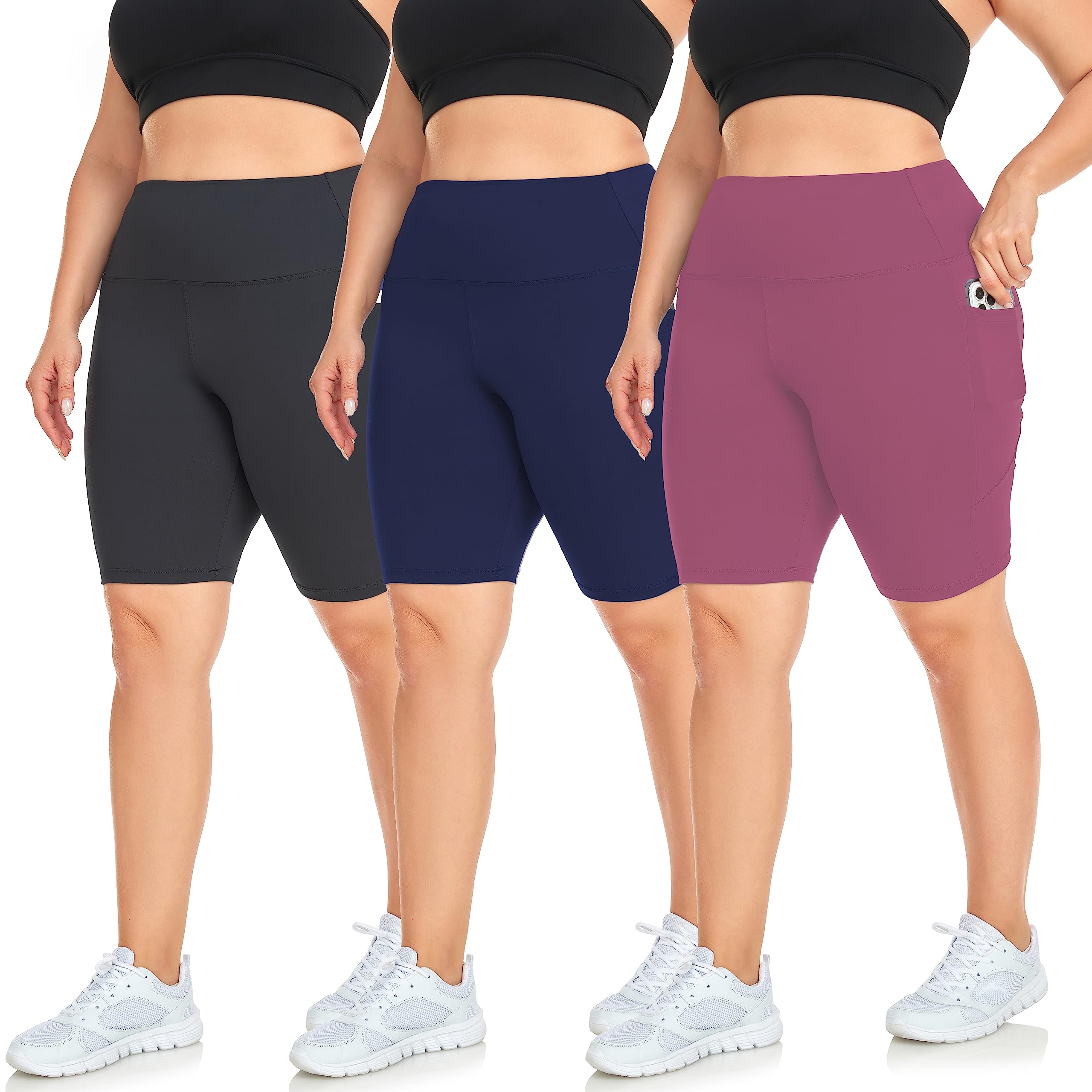 Hi Clasmix 3 Pack Plus Size Biker Shorts for Women(1X-4X)-High Waisted Non-See Through Workout Super Soft Black Yoga Shorts