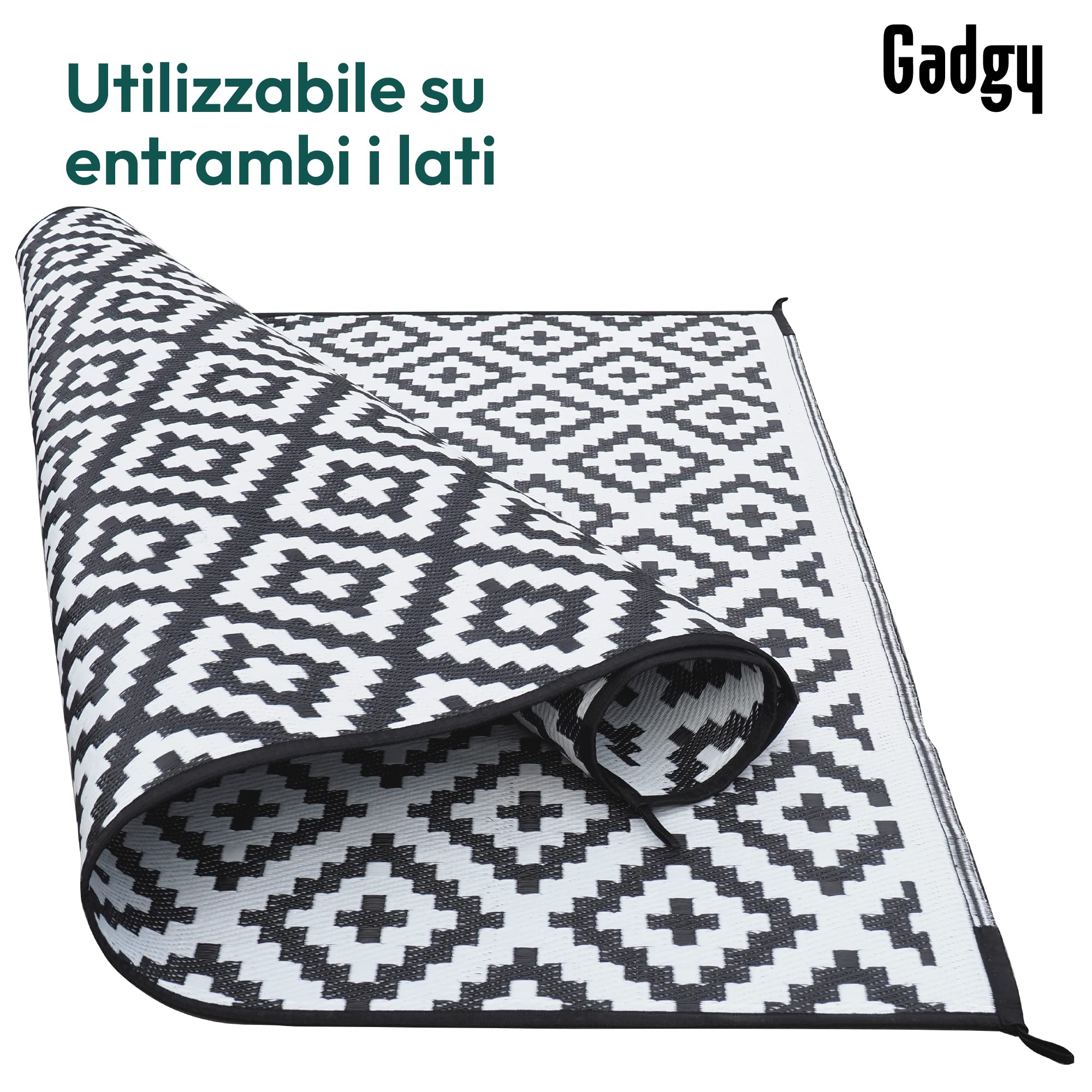 Gadgy Tappeto da Esterno Resistente alle Intemperie 200 x 300 cm - Elegante Tappeto Impermeabile e Resistente ai Raggi UV - Tappeto da Giardino Reversibile - Verde con Sacco Trasporto - Nero