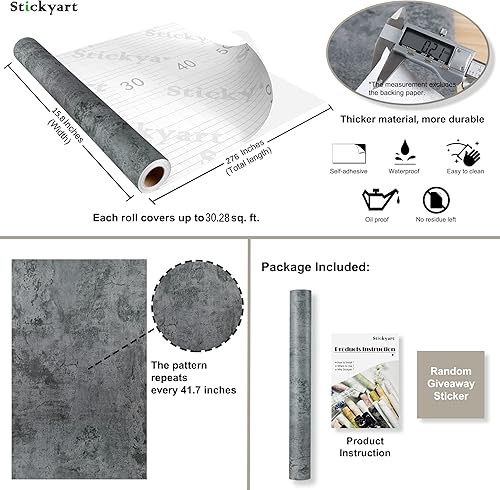 Miniatura 8 de Stickyart Papel tapiz de hormigón gris pizarra de 15.8 x 276 pulgadas, vinilo texturizado de cemento autoadhesivo para encimeras, papel adhesivo