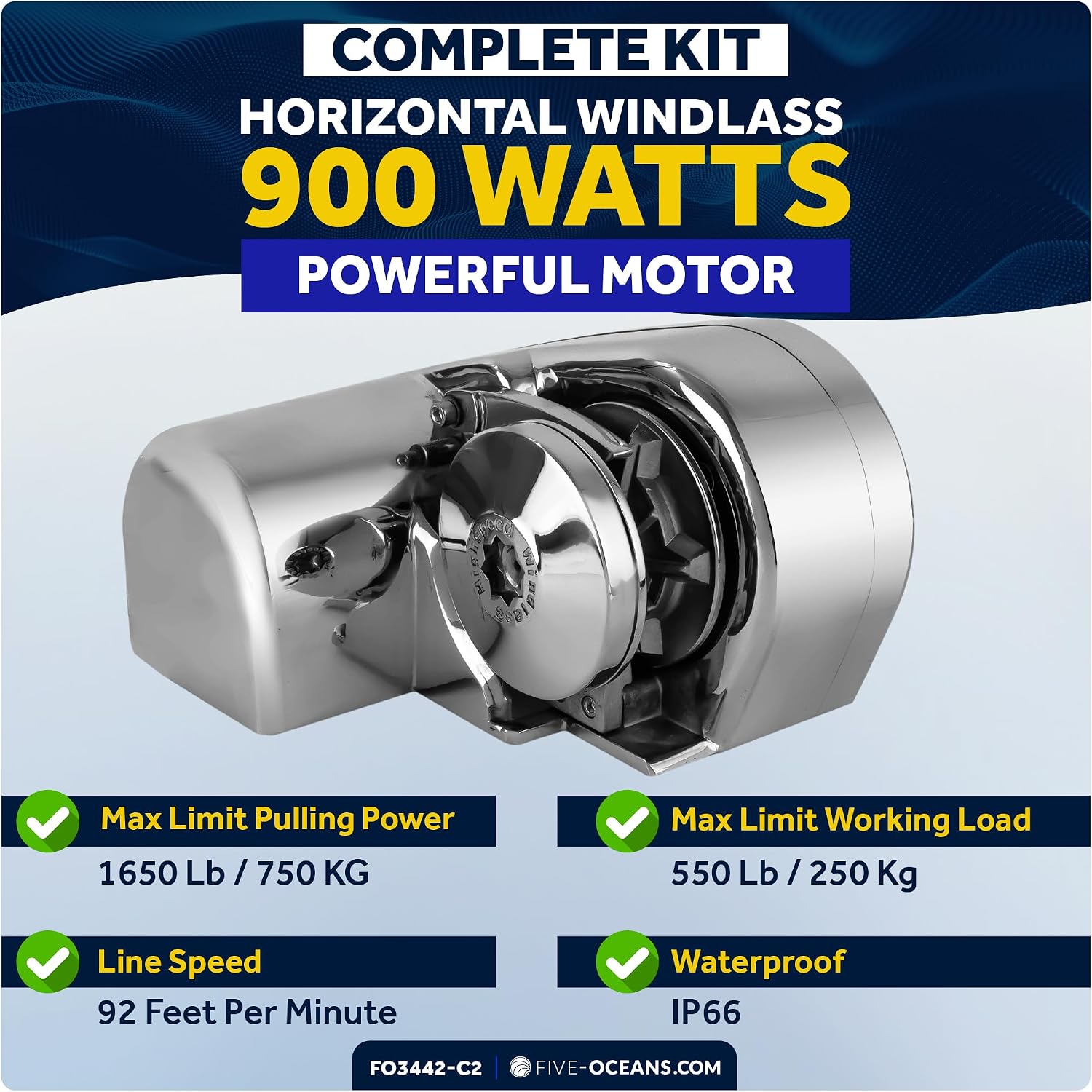 Five Oceans 12V DC Electric Boat Anchor Windlass – Heavy-Duty Marine-Grade Construction, Powerful & Reliable Anchoring System for Boats