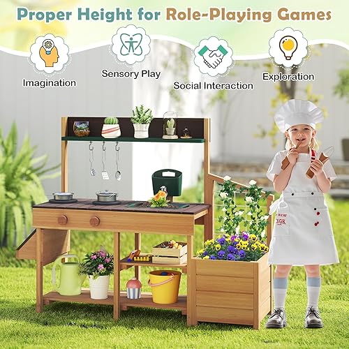 Miniatura 8 de Costzon Juego de cocina para niños, juego de juguete de madera con grifo extraíble, fregadero, estufas, perillas de rotación, jardineras, enrejado y