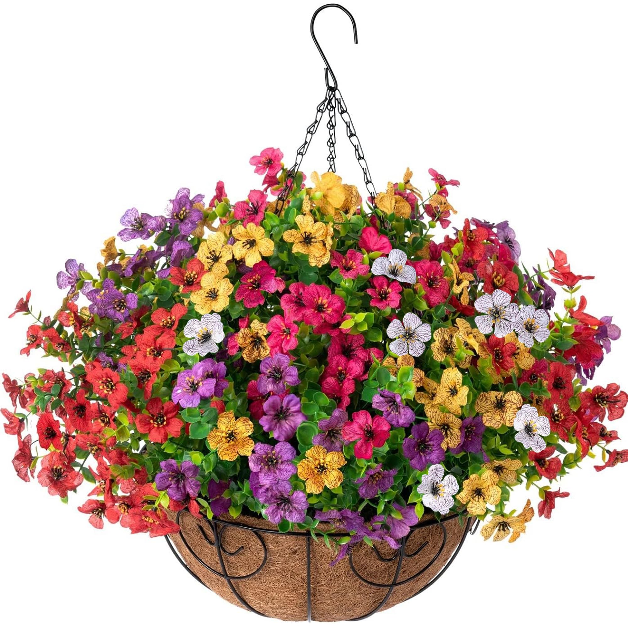 Photo 1 of HyeFlora Artificial Faux Hanging Plants Flowers Basket for Summer Outdoor Outside Decoration, Fake Silk UV Sun Resistant Look Real Colorful Daisy Eucalyptus for Porch Home Patio Balcony Yard