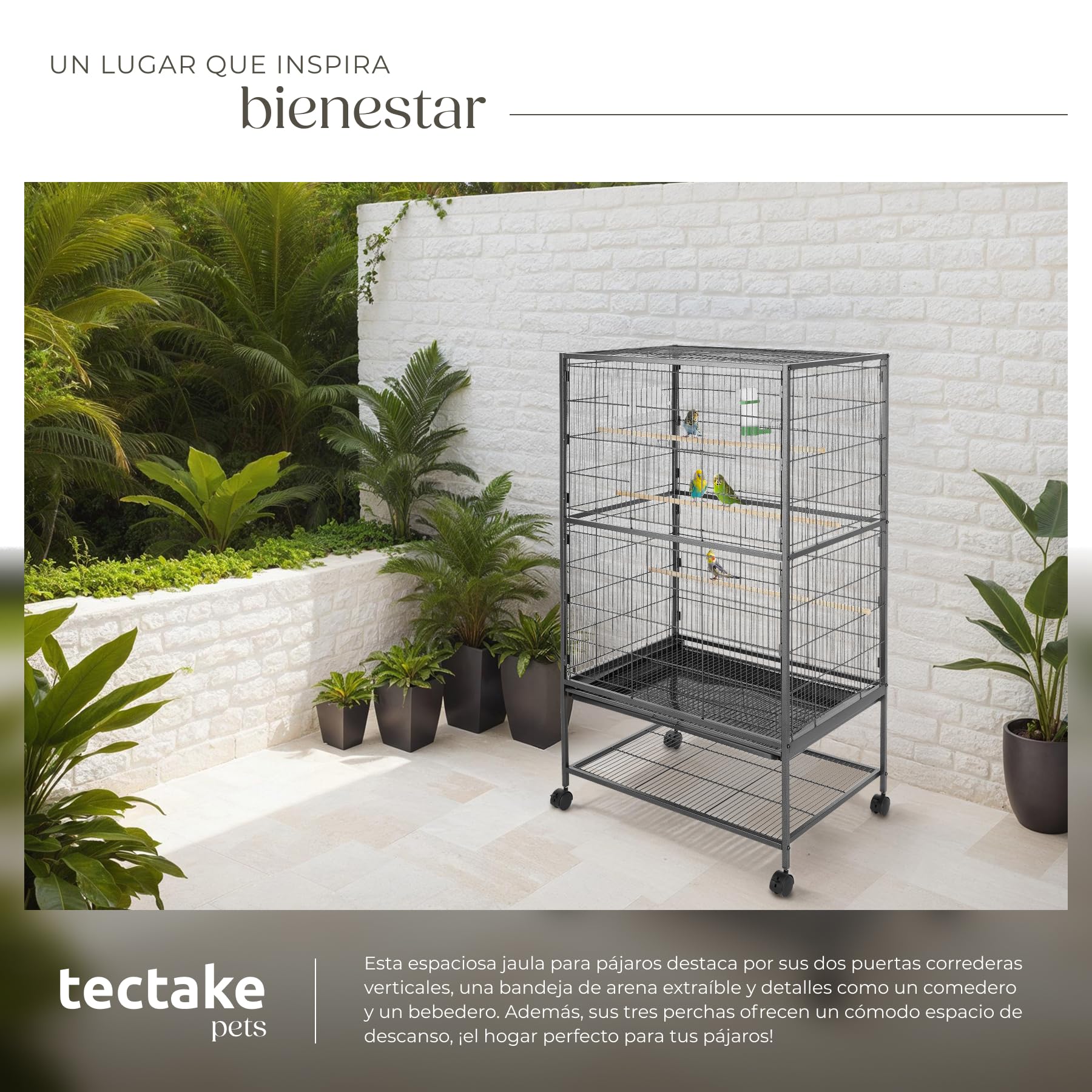tectake® Pajarera con Ruedas Bloqueables y Bandeja Extraíble, Jaula Pajaros para Loro, Canario, Ninfas y Periquitos, Incluye Comedero, Bebedero y Rejilla Inferior Segura - 78 x 52 x 131 cm