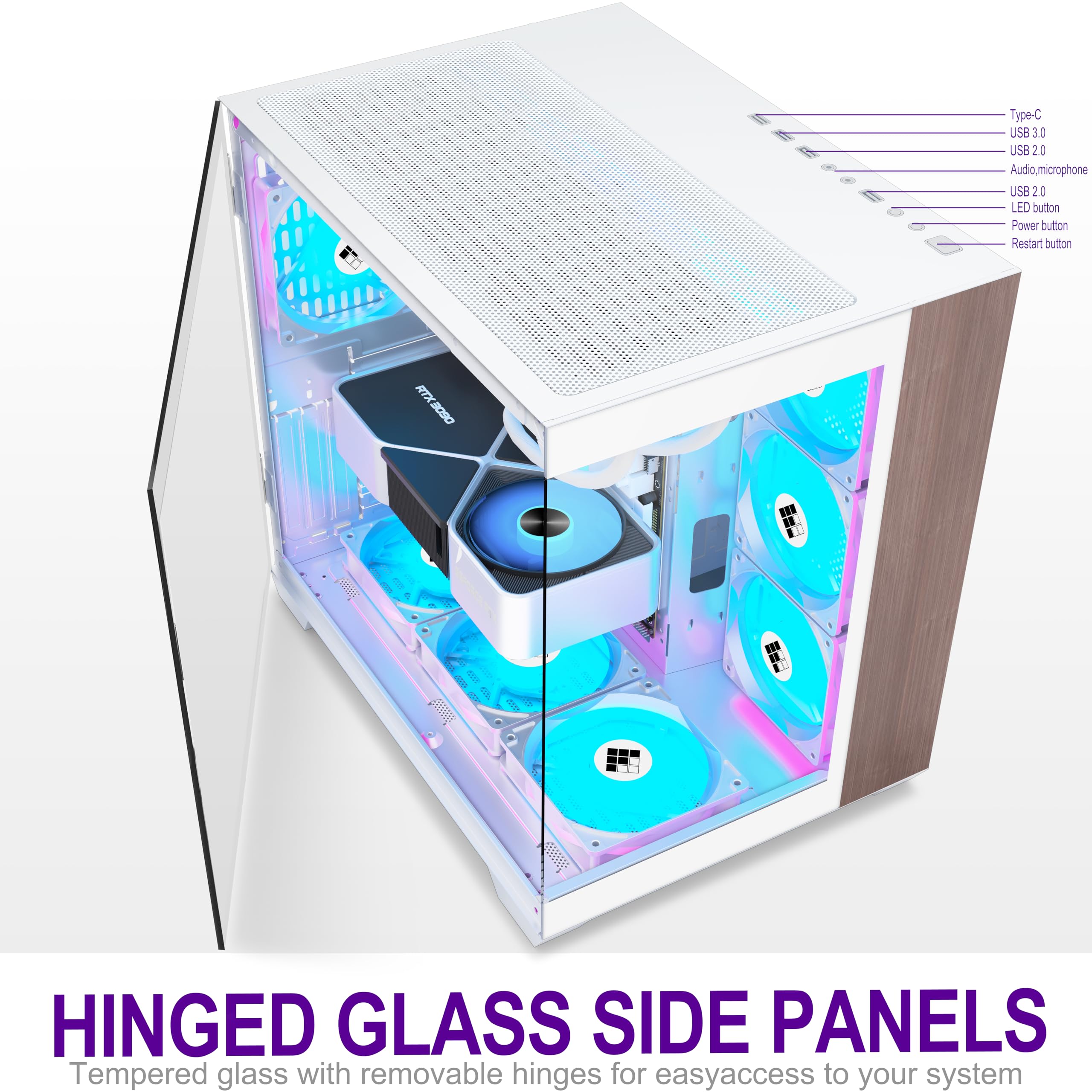 FOIFKIN M9 Case PC - annello frontale in noce,Ventole preinstallate 7 PWM ARGB, alloggiamento ATX Mid-Tower Gaming PC, vetro panoramico a 270° con type C (Bianco, M9)