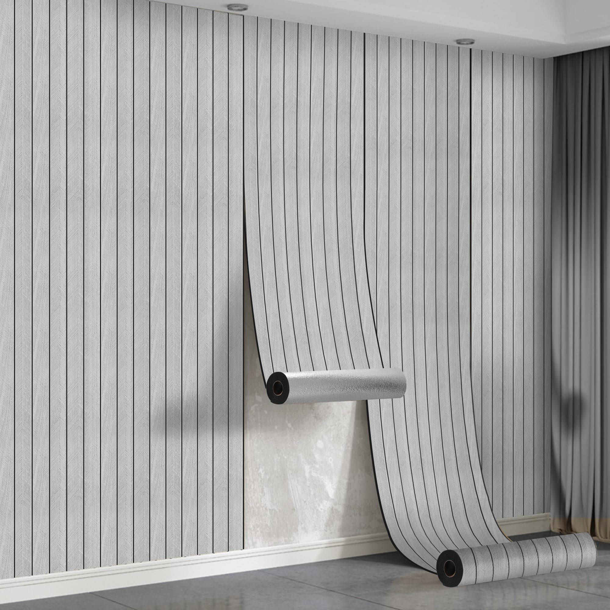 Peel and Stick Wood Slat Wall Panels - 5 Roll 3M Self Adhesive Wall Panels Wood Grain Texture, 3mm Decorative Acoustic Thermal Panels 3D PVC Wall Cover for Bedroom Living Room Feature Wall,Light Grey