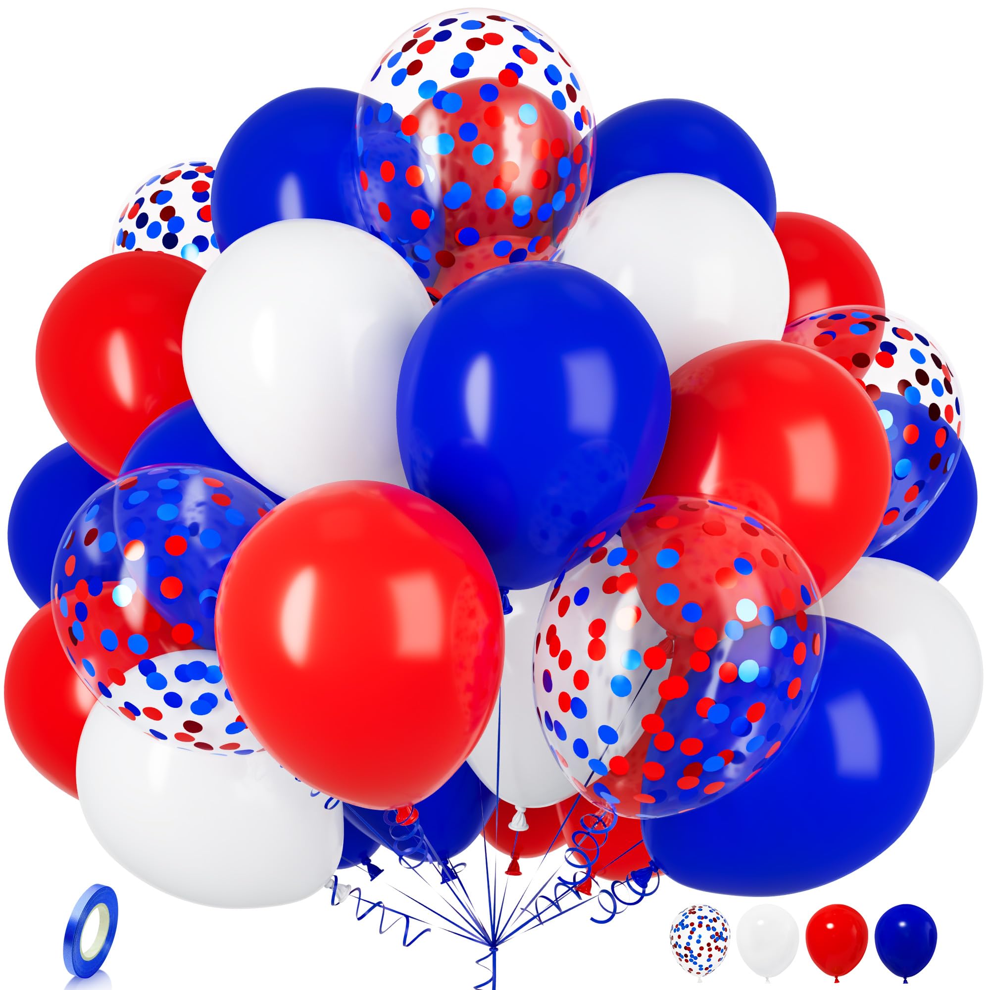 Red White and Blue Balloons, Ousuga 30 pcs 12 Inch Matte Royal Blue Red White Confetti Latex Balloons Set for Girls Boys Birthday Baby Shower Wedding Engagement Graduation Baseball Party Decorations