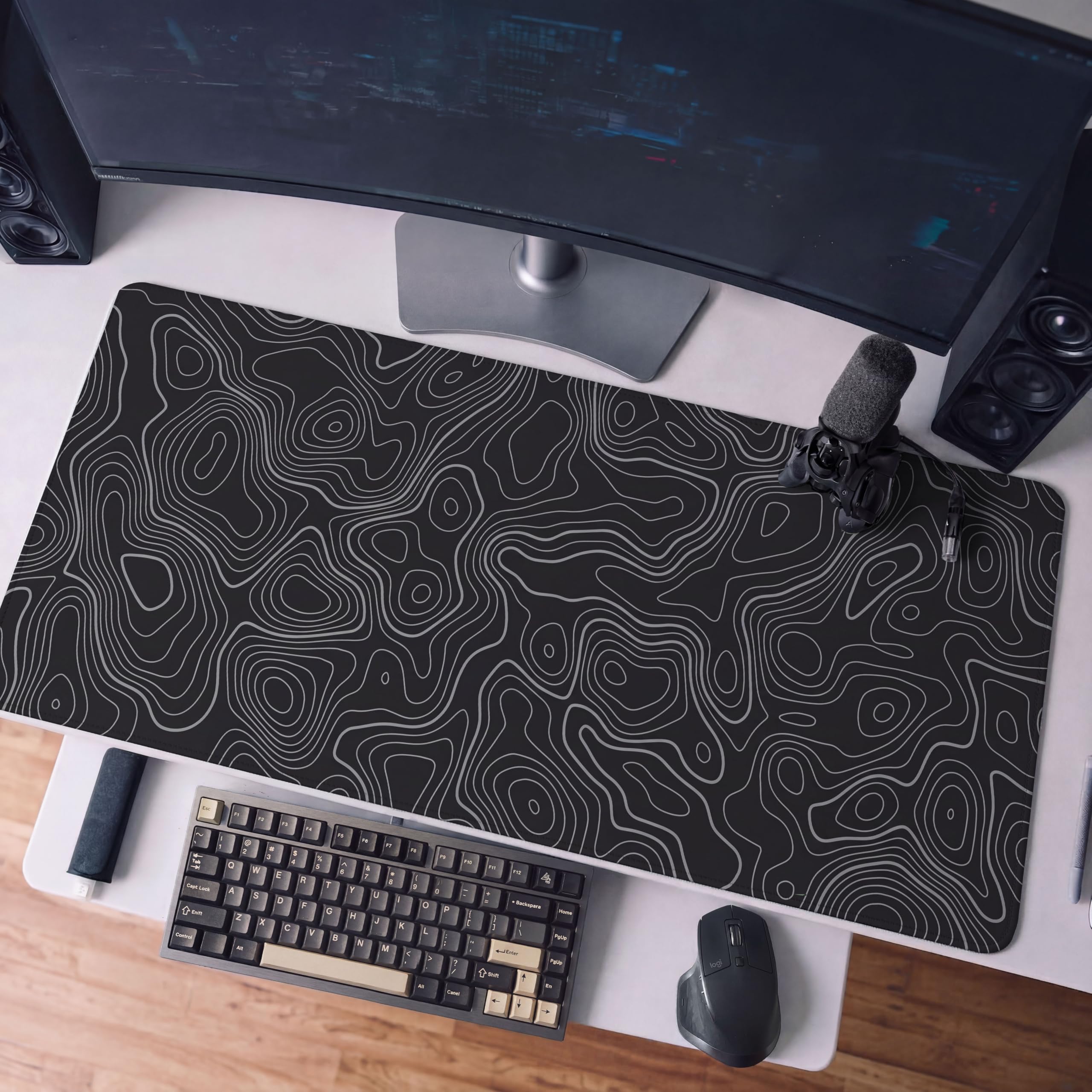 SoulAbiti Topography Deskpad - Extra Large Gaming Workspace Mouse Pad with Stitched Edges - 36X16 Inches XL Extended Mat for PC Setup (Dark Grey)-image-2