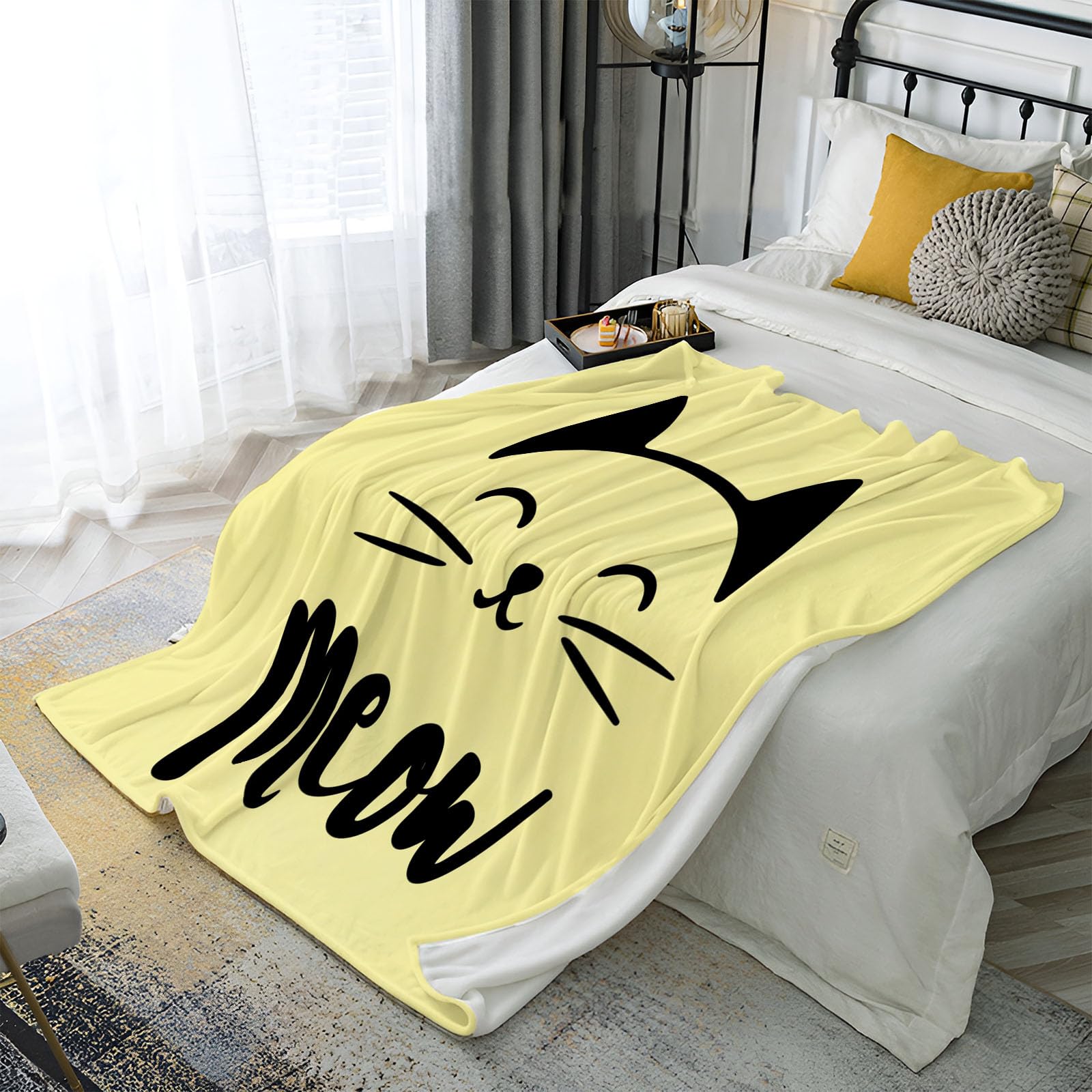 Manta Lindo Dibujo Animado, Manta con Estampado Gato Palabra Suave y cómodo, Toda La Temporada Ligera Amarillo Mantas para sofá, para Cama Sofá decoración de Habit 220x240 cm