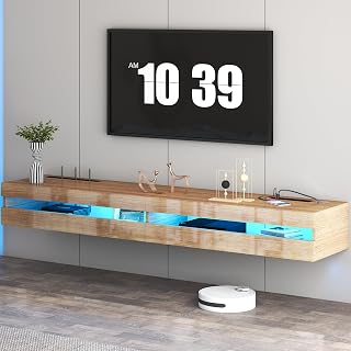 Floating TV Stand - 71'' Entertainment Center with LED Light & Charging Station, Floating TV Shelf with Storage for Living Room，Media Console for 75 INCH TVs