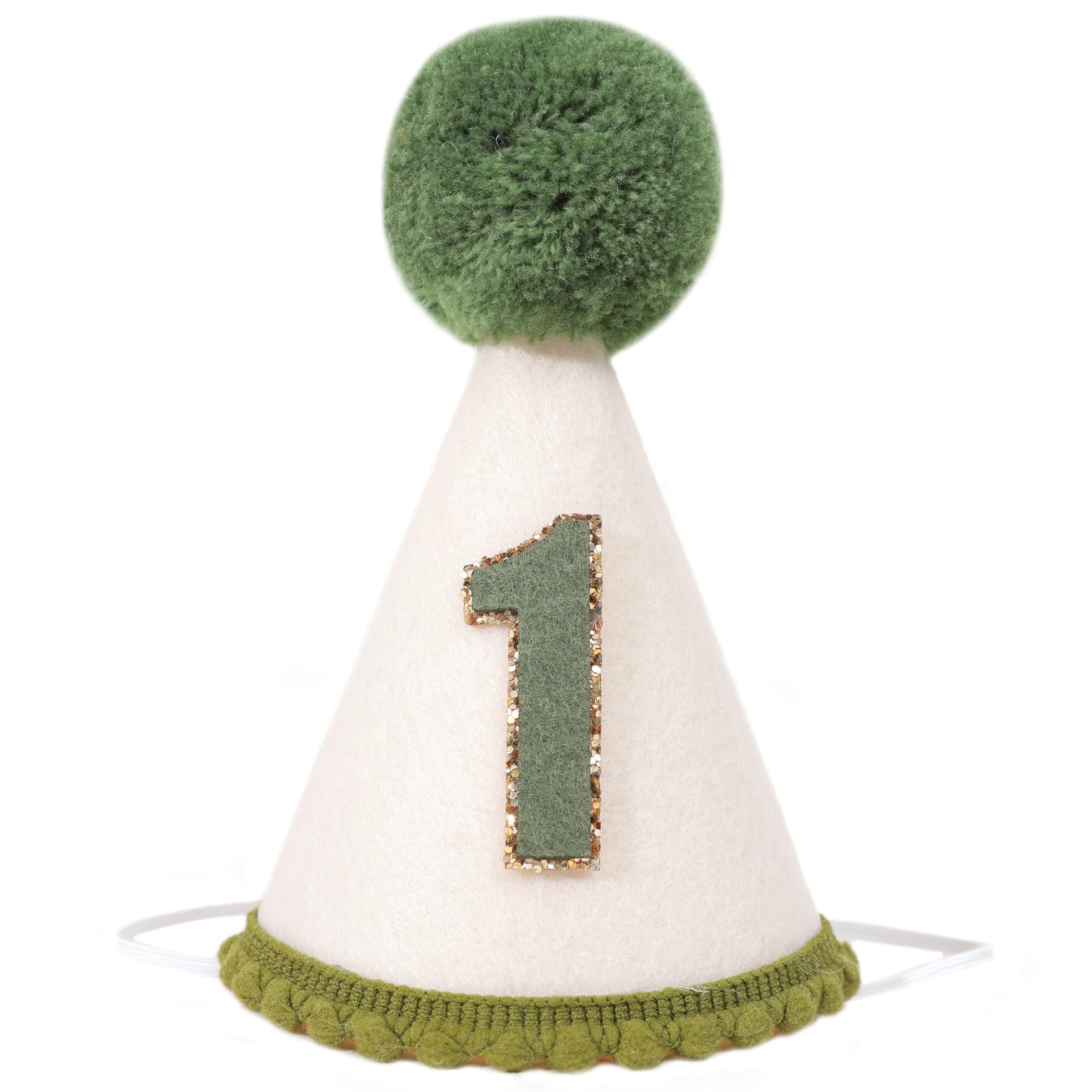 Wild One Green 1st Birthday Cone Hat - Greenery First Birthday Party Hat for Baby Boys,Olive 1st Birthday Party Crown. (Green and Linen 1st Birthday Party Crown)