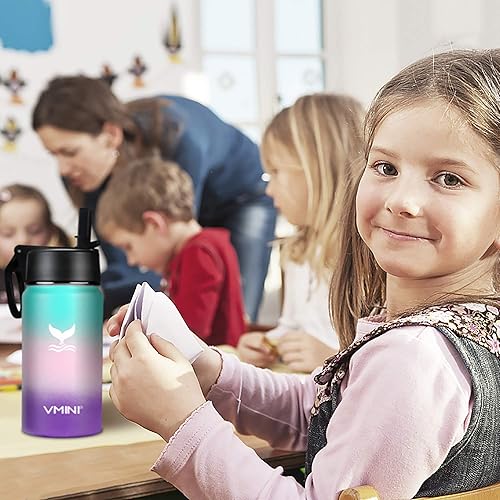 Miniatura 6 de Vmini Botella de agua con pajilla, botella de agua para niños con tapa de popote de mango giratorio ancho, boca ancha, aislada al vacío, botella de