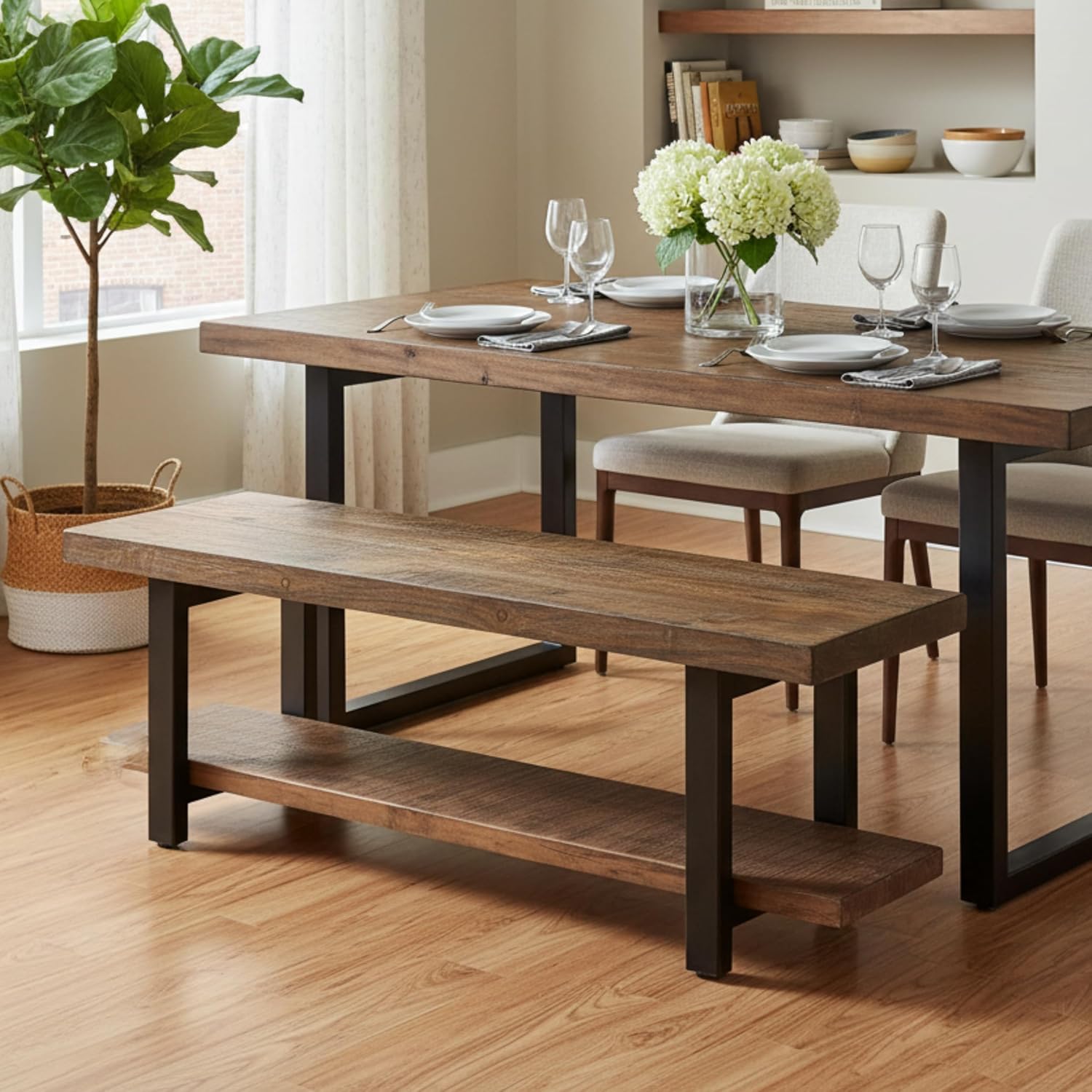 Alaterre Furniture Pomona Entryway Organizer – Modern Rustic 48-Inch Solid Wood Entryway Bench with Open Bottom Storage Shelf – Farmhouse Hallway Seating for Mudroom or Foyer (Rustic Brown)