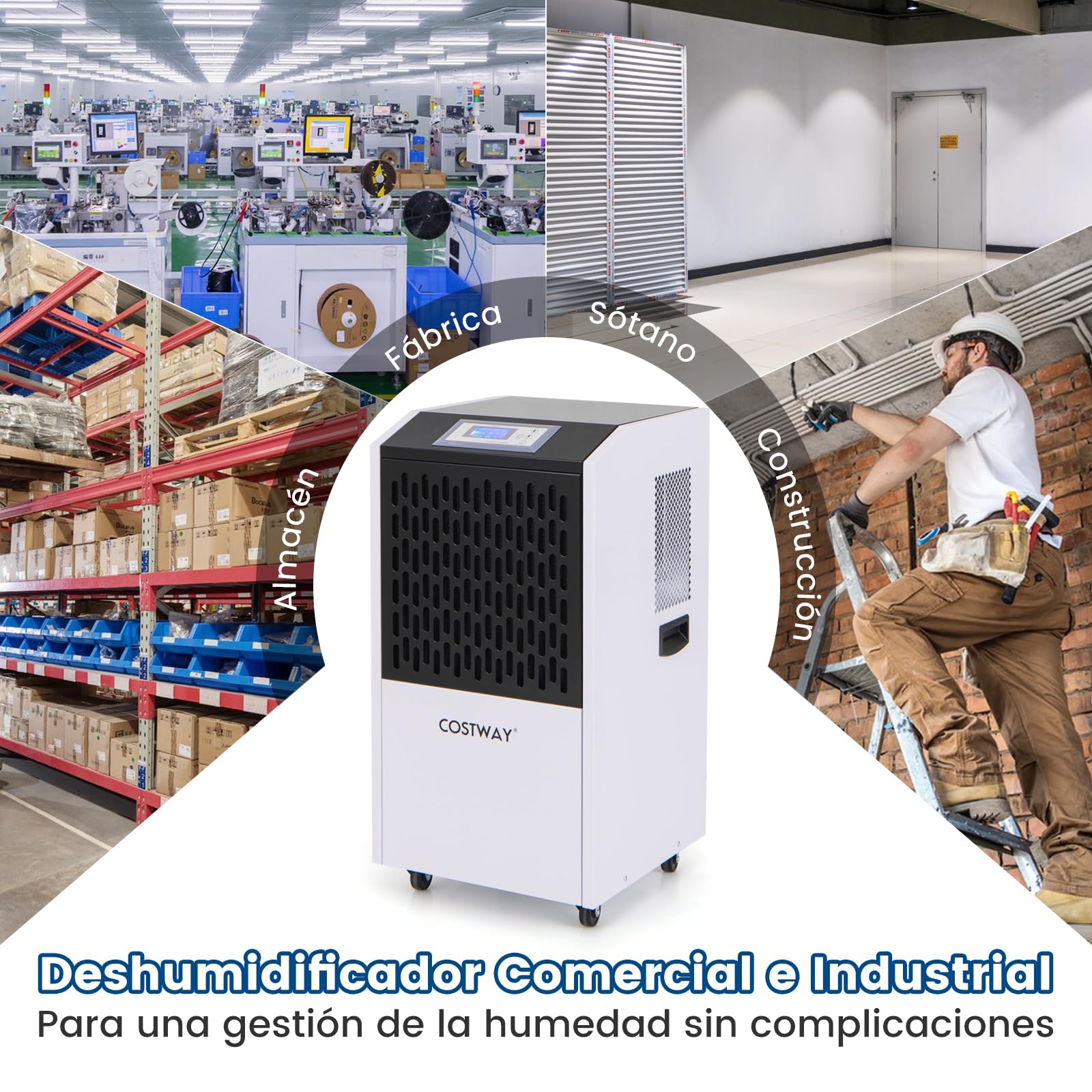 COSTWAY 118 L Deshumidificador, 1300W Deshumidificadores de Humedad con Manguera de Drenaje, Deshumidificador Comercial con Temporizador de 24h y 4 Ruedas para Sótano, Almacén, hasta 790㎡ (Blanco)