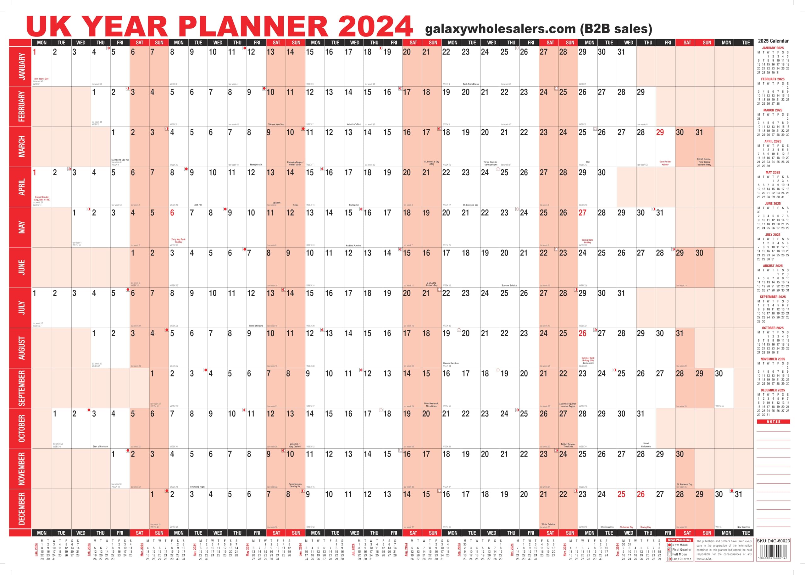 2025 UK unmounted year view wall office A1 large planner calendar red colour