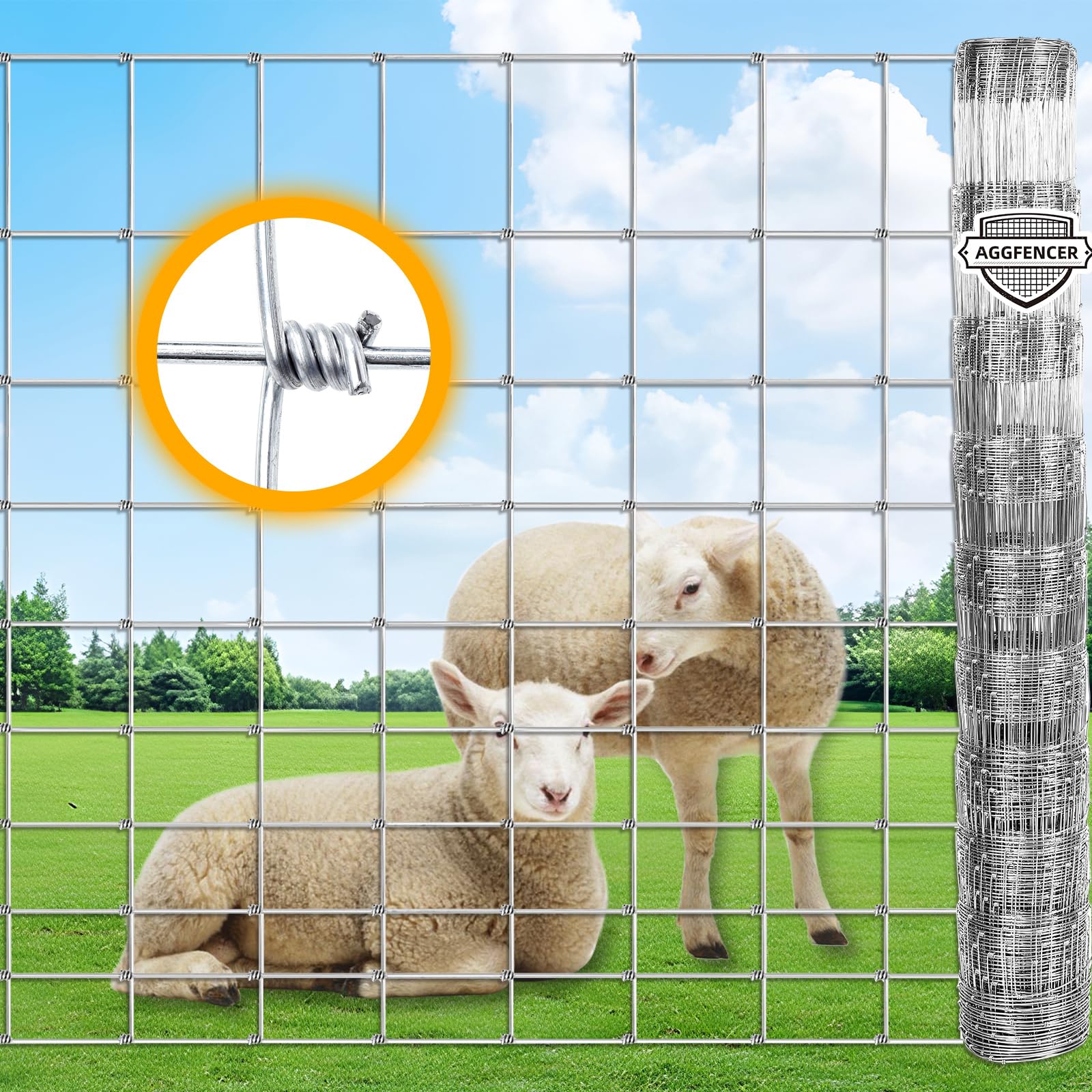 AggFencer 3ft x 104ft Galvanized Farm Fence, Fixed Knot Woven Wire Fence 16Ga, for Sheep Dog Panel Plant Garden Flower Bed and Field Protection
