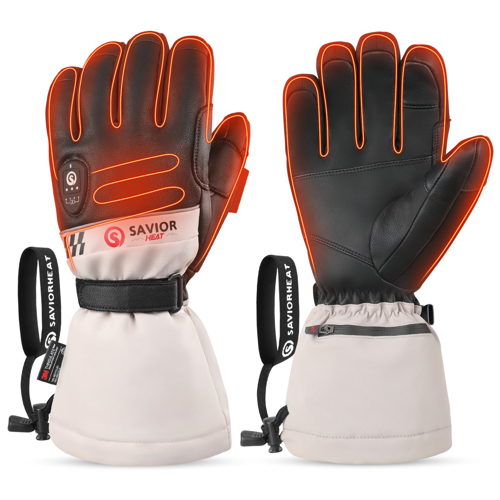 SAVIOR HEAT Heated Gloves for Men Women 2.0, App Electric Rechargeable Ski Gloves with 3M Thinsulate, PD 20W Fast Charging &amp; 12H Runtime, Waterproof Goatskin Skiing Motorcycle Outdoor