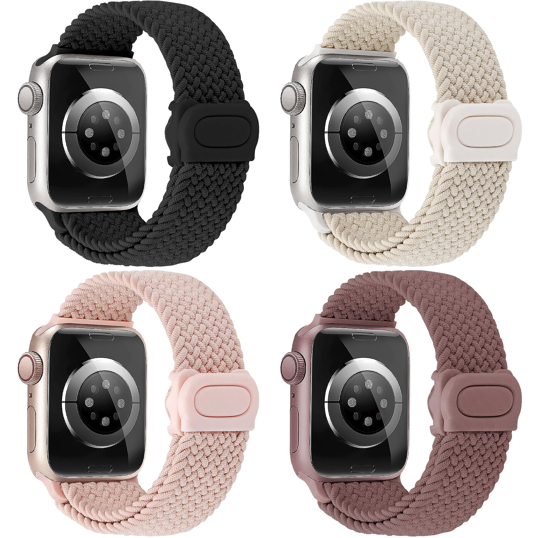 JR.DM 4Pcs Braided Stretchy Adjustable Solo Loop Compatible with Apple Watch Bands 40mm 41mm 38mm 44mm 45mm 42mm 49mm for Women, Elastic Nylon Sport Strap for iWatch Series SE/9/8/7/6/5/4/3/2/1/Ultra