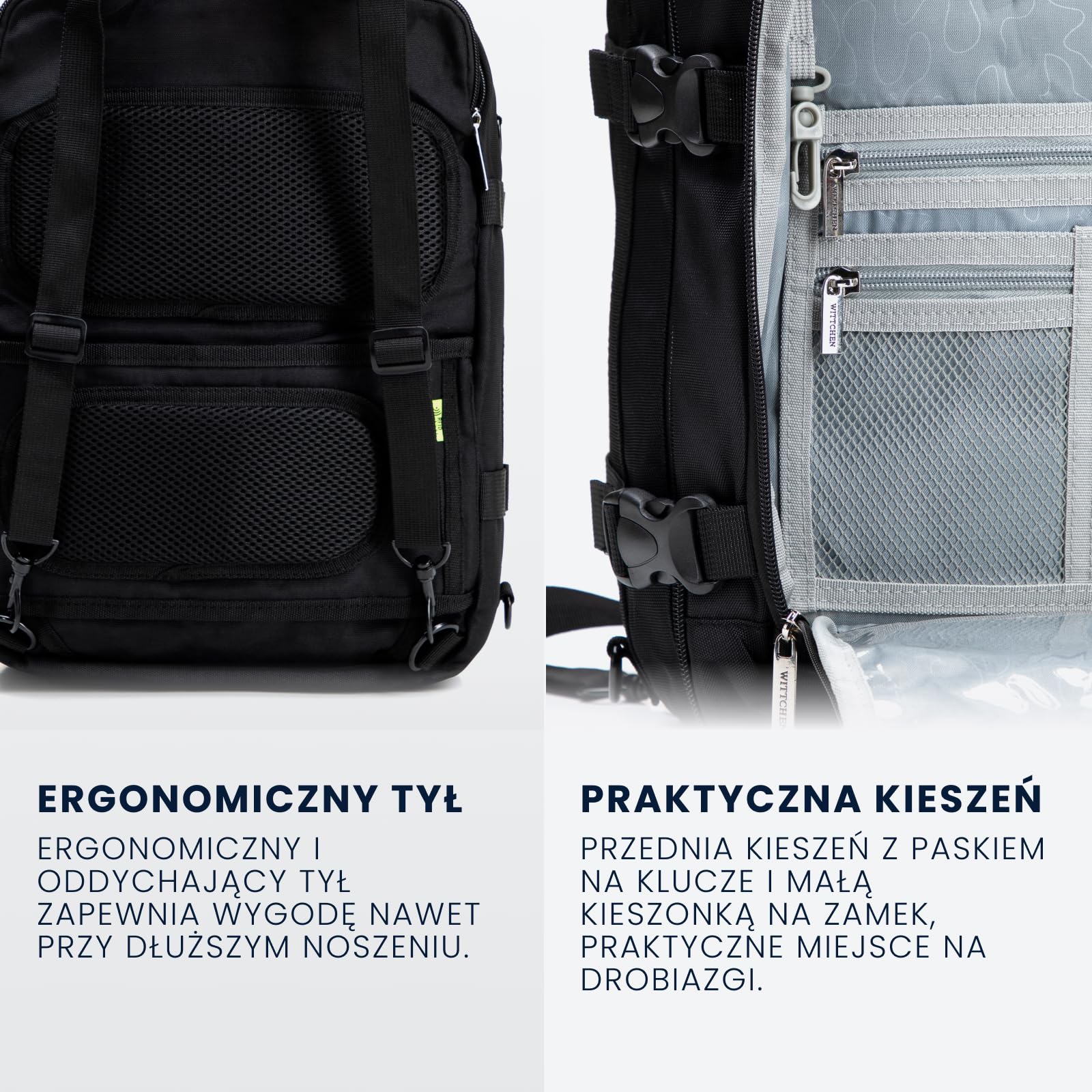 WITTCHEN Wielofunkcyjny Plecak Torba Podróżna 2w1 Czarny, Bagaż Podręczny 40x30x20 cm, Plecak do Samolotu z Kieszenią RFID i Przegrodą na Laptopa 14,5”, Poliester
