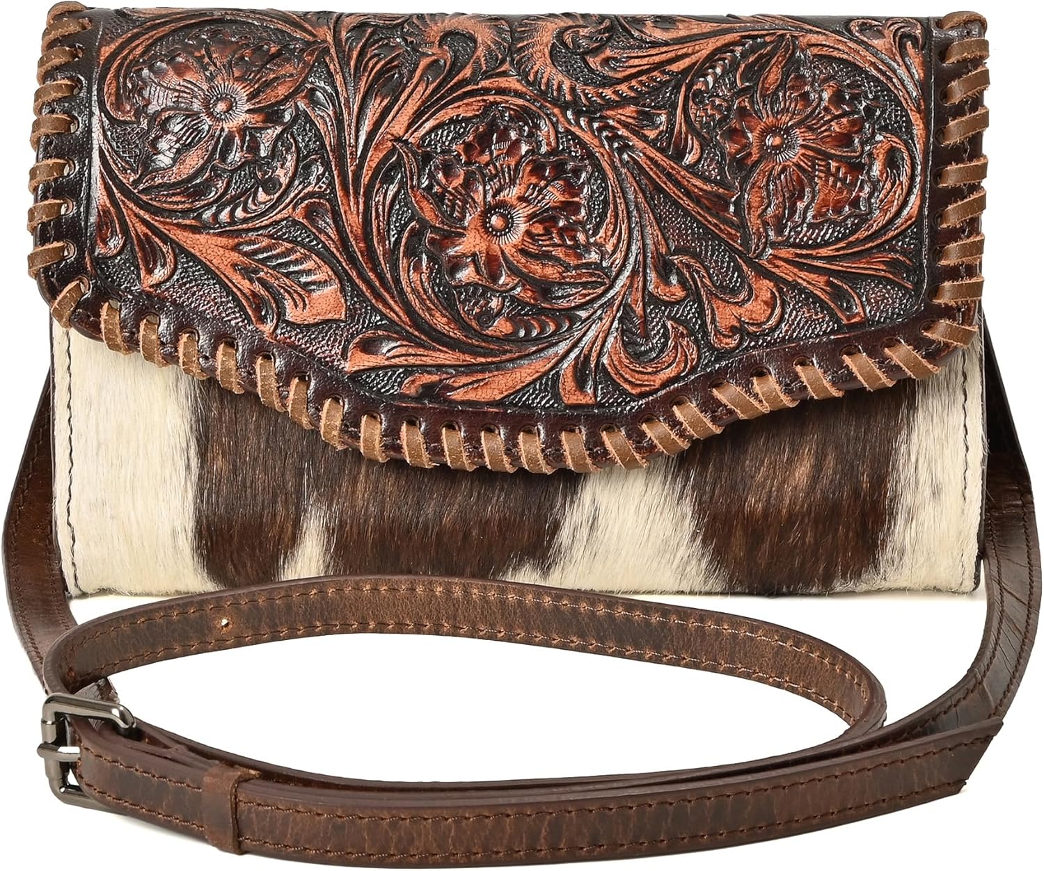 Merbaa Leather Crossbody Bag Hand-Tooled Floral Cowhide Hair-On Western Crossbody Bag for Women Leather Cowgirl Sling Purse