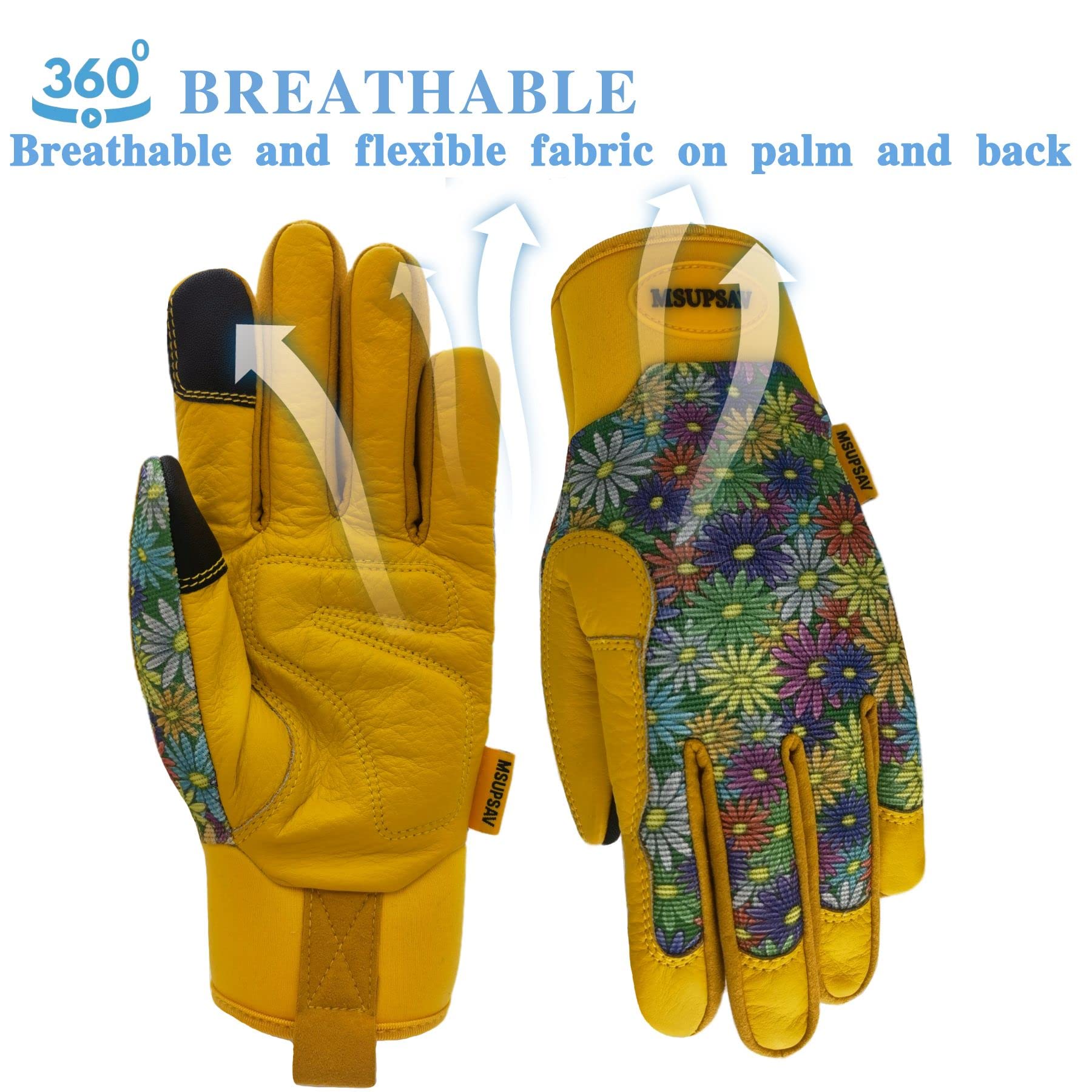 2 Paar Gartenhandschuhe, Rindsleder, Gartenhandschuhe, multifunktionale Outdoor-Gartenarbeitshandschuhe für Männer und Frauen, Geschenke, bunte Blumen, Größe M