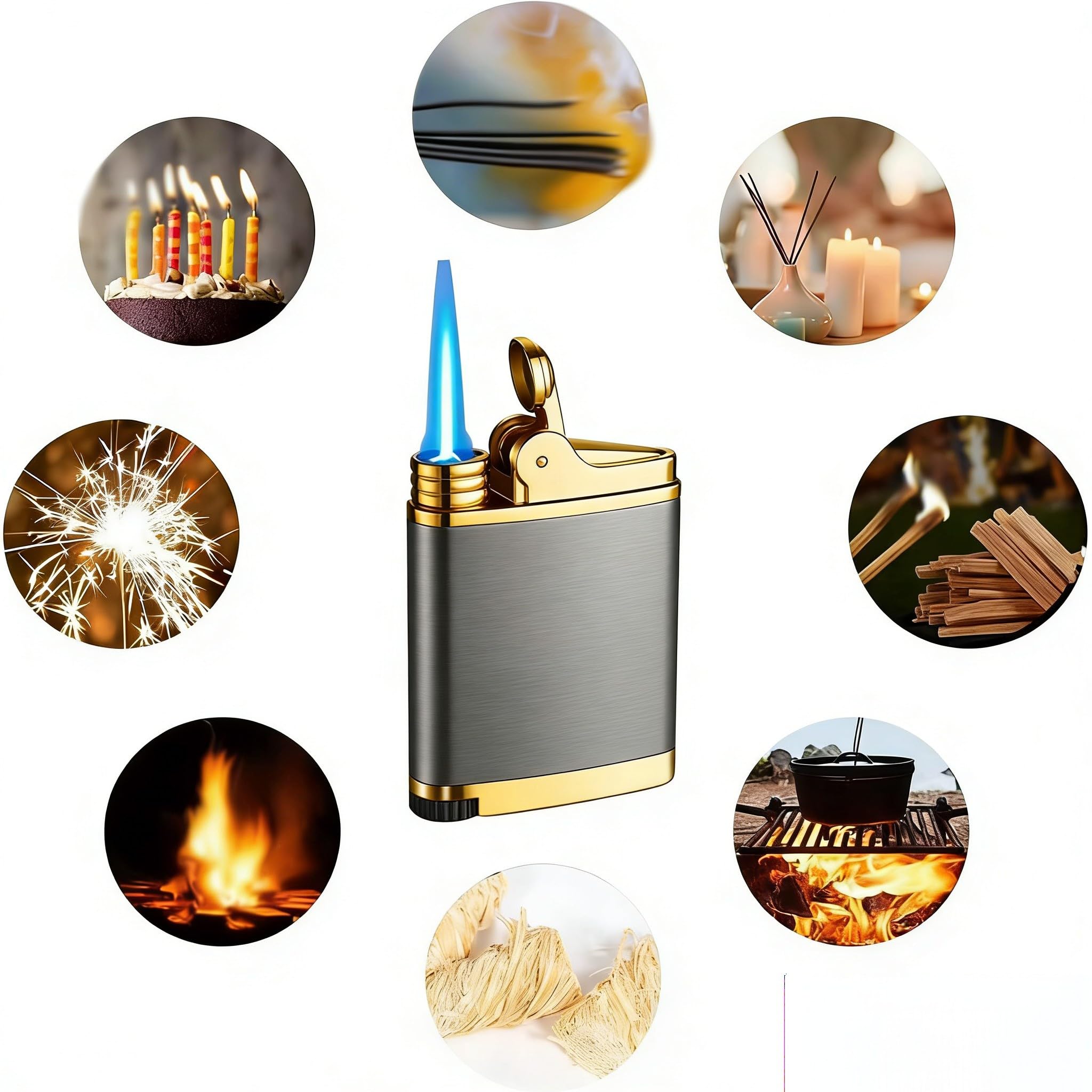Encendedor recargable resistente al viento con llama de butano, llama ajustable para velas, parrilla, barbacoa, camping (gas no incluido)