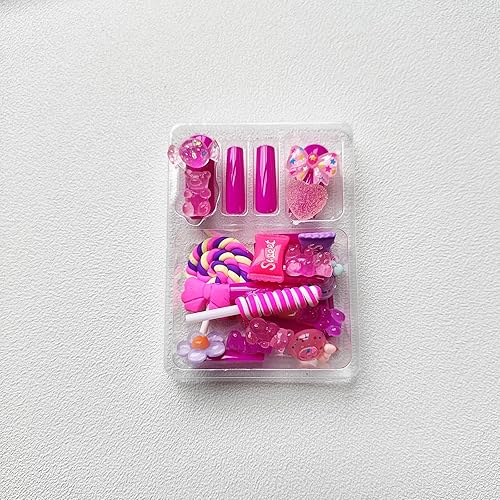 Miniatura 3 de KKUUOO Uñas postizas cuadradas a presión, 24 uñas postizas acrílicas moradas con bonitos diseños de flores y osos, uñas adhesivas brillantes de