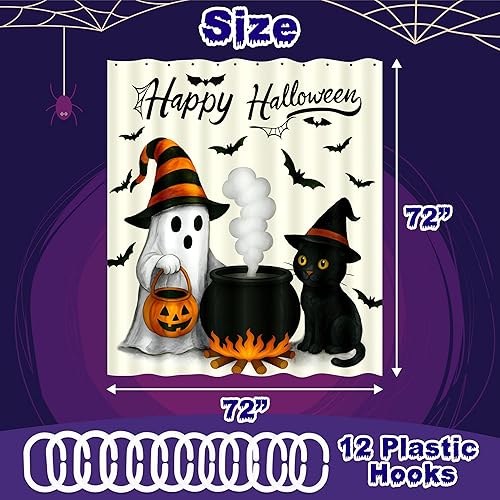 Miniatura 3 de Decoración de baño de Halloween, cortina de ducha de calabaza fantasma, gato, decoración espeluznante con 12 ganchos de 72 x 72 pulgadas
