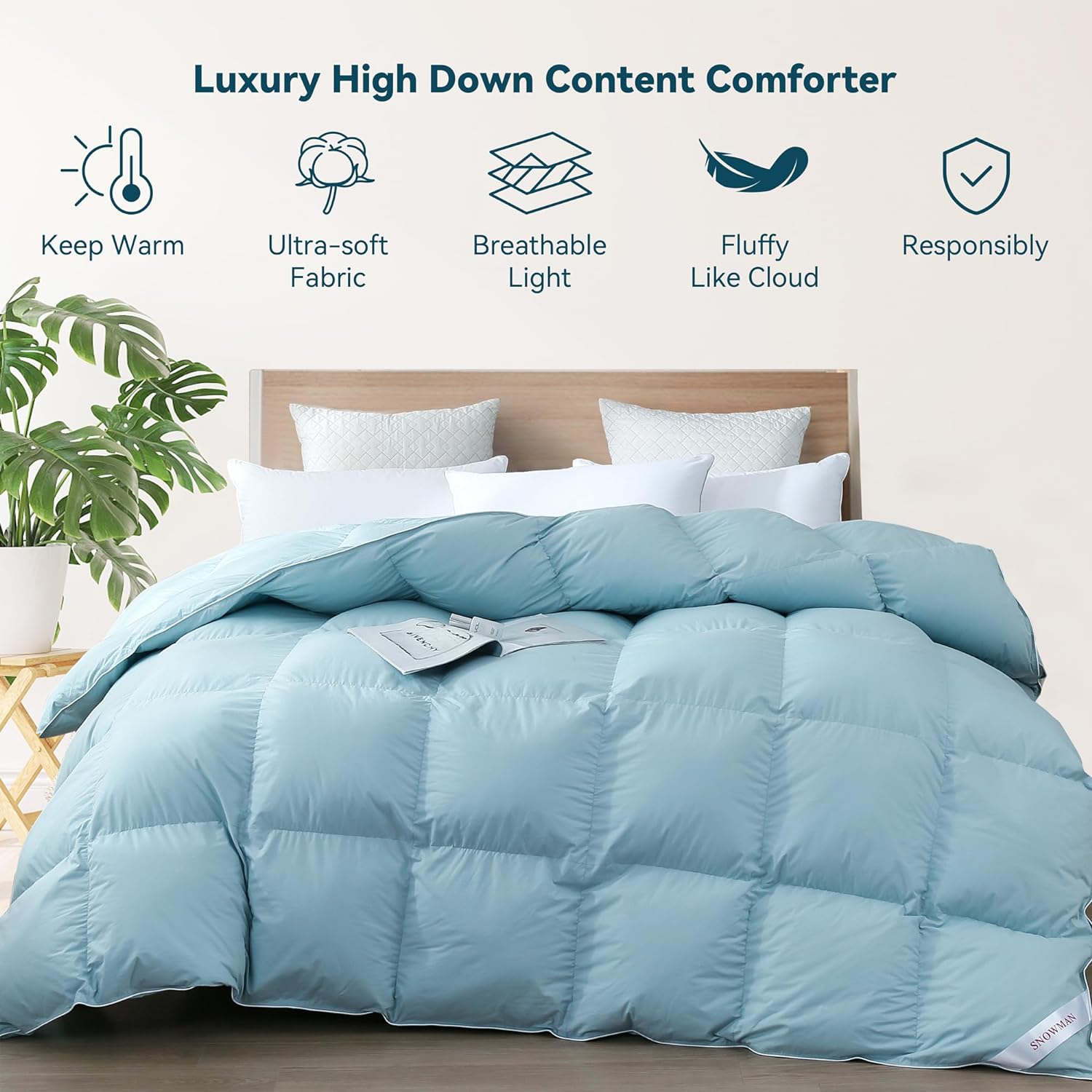 SNOWMAN Premium Down Comforter King Size, Luxurious All Season Duvet Insert with Cotton Blended Fabric, 3D Baffle Box Design Hotel Bedding Comforter (Blue,106"x90") - Image 3