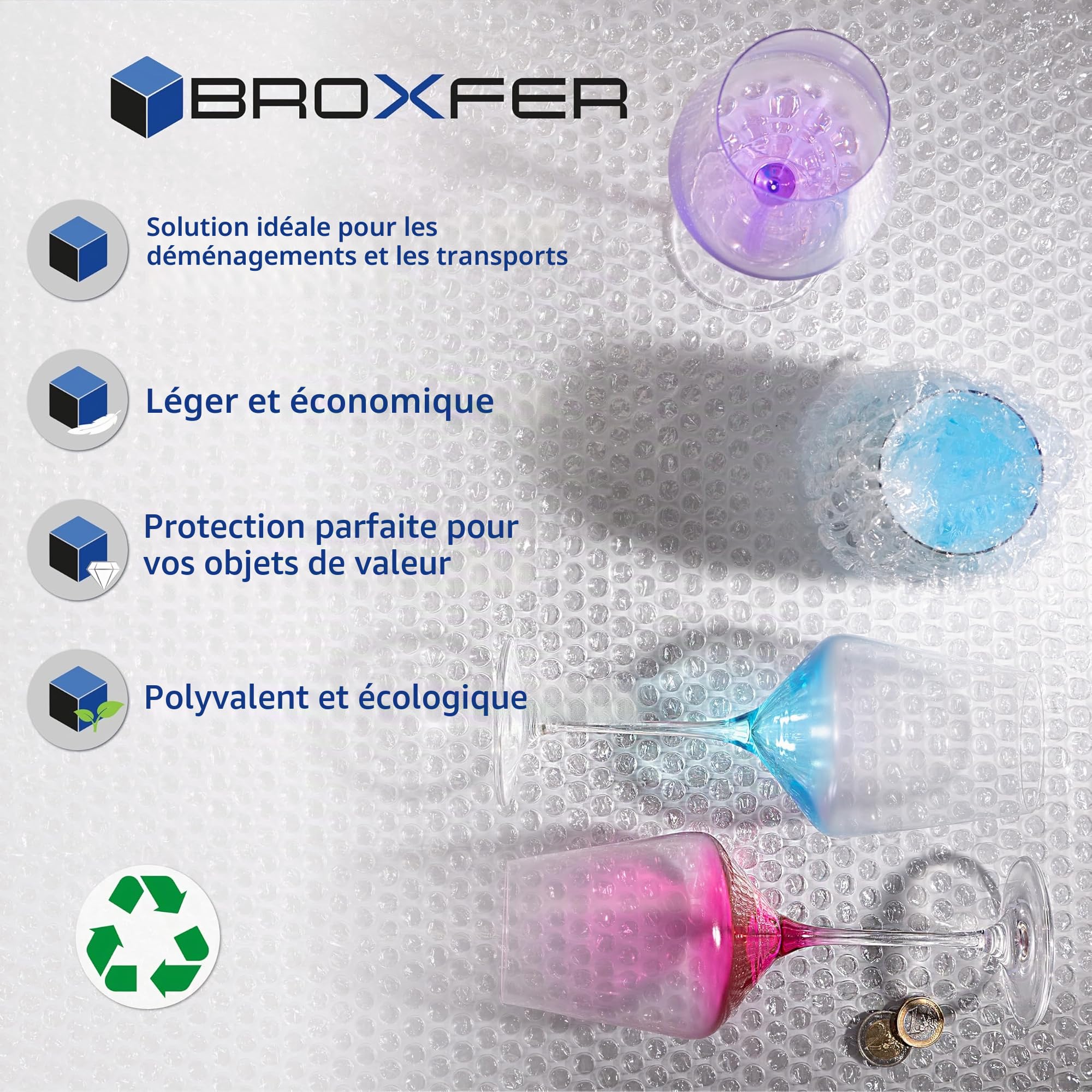 Rouleau de film à bulles - 1 m x 50 m - Pour déménagement/expédition - 2 couches - Film d'emballage LPF