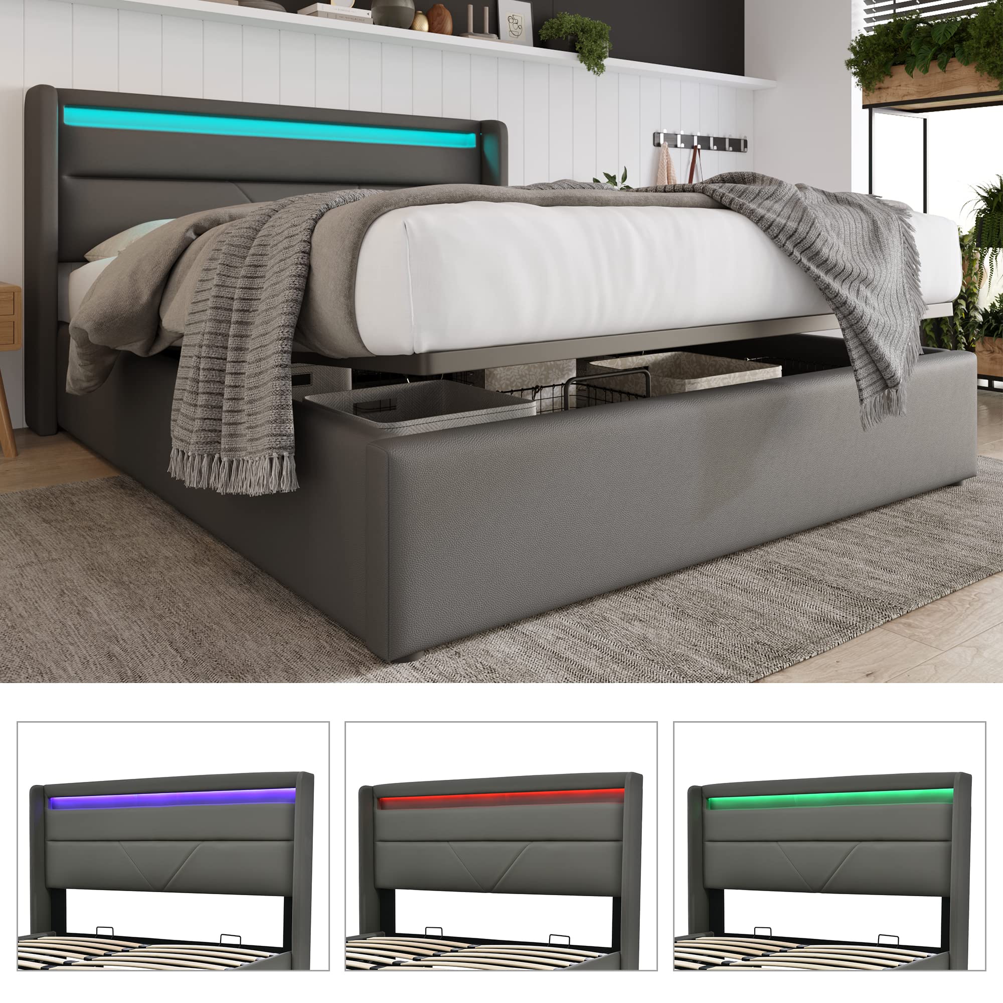 Lit hydraulique, avec espace de rangement, 140 x 200 cm, gris, avec éclairage LED et télécommande, surface PU, espace de rangement rabattable, lit fonctionnel, moderne, avec espace de
