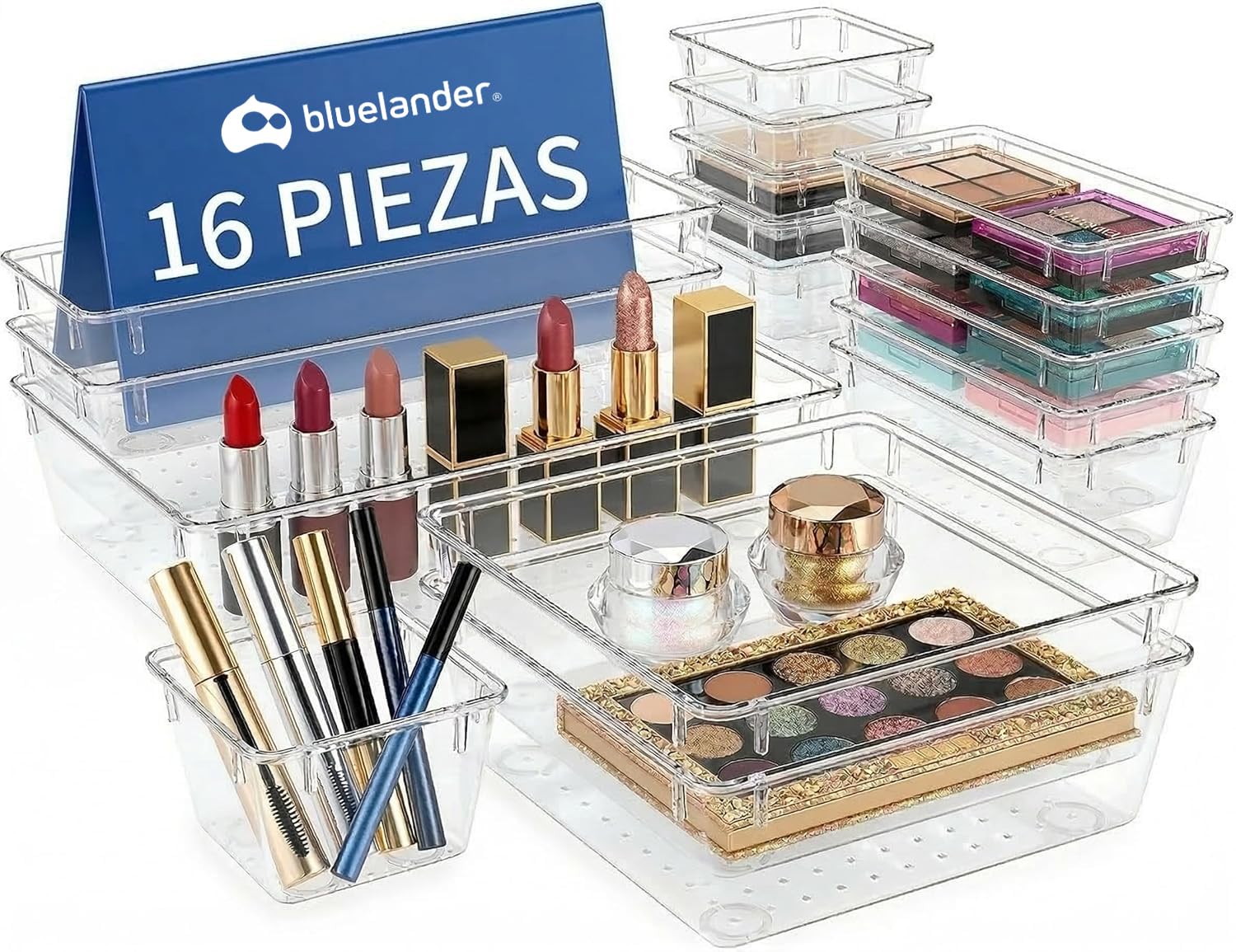 Imagen del producto: Bluelander Organizador de Cajones 16 Piezas de Plástico Transparente Alta Calidad, Organizador de Maquillaje, 5 Tamaños Diferentes, Organizador de Escritorio, Capacidad de Almacenamiento (16 Piezas)