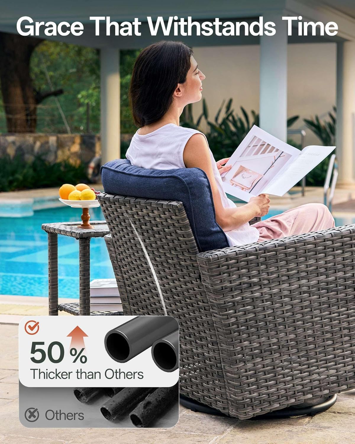 Luxury 3-Piece Patio Furniture Set with 6-Inch Thick Cushions, Outdoor Swivel Rocker Chairs Set, Wicker Conversation Set for Porch, Deck, Balcony, Yard in Blue