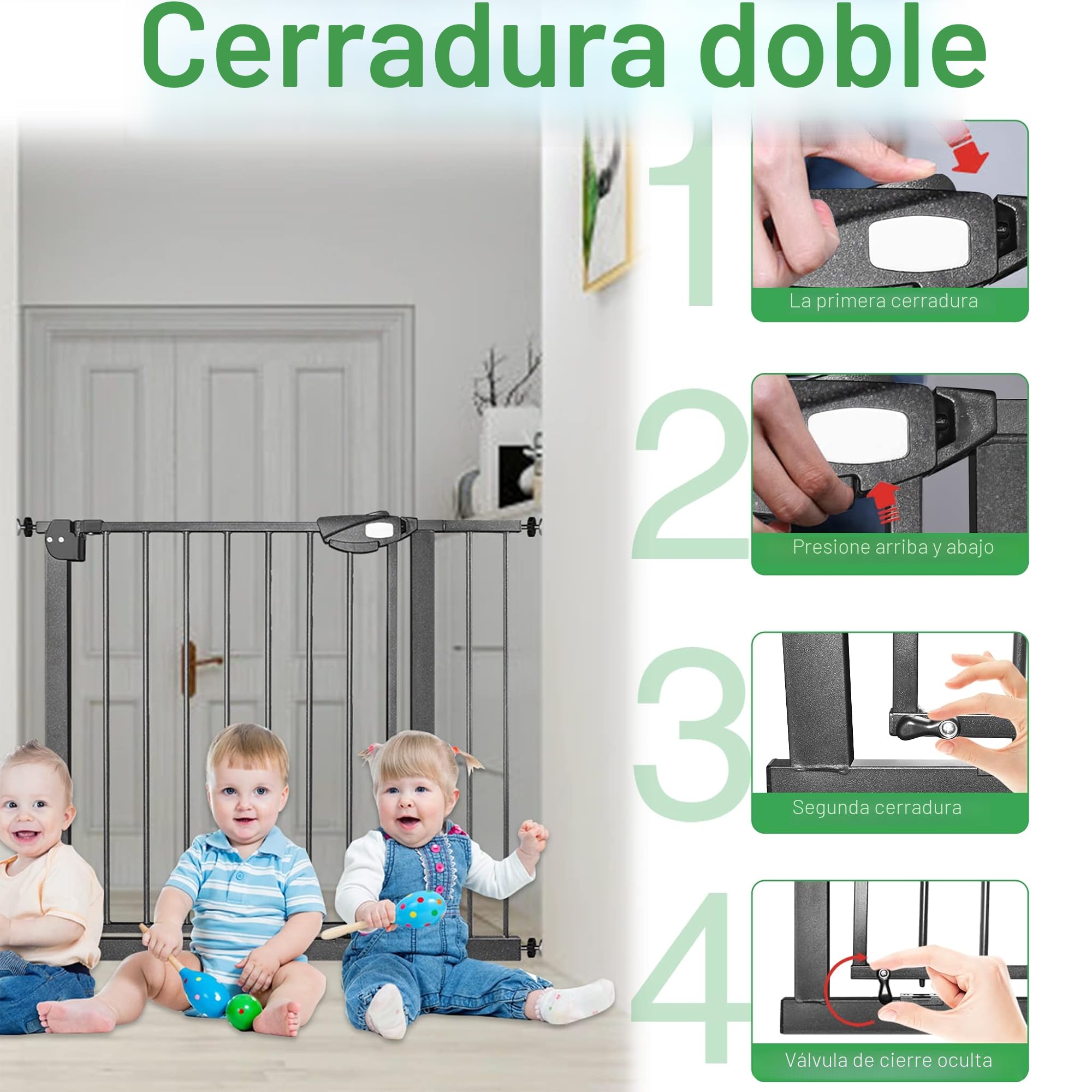 Barrera de seguridad para escaleras sin taladrar, 75-85 cm, para niños y mascotas, apertura con una sola mano, color negro