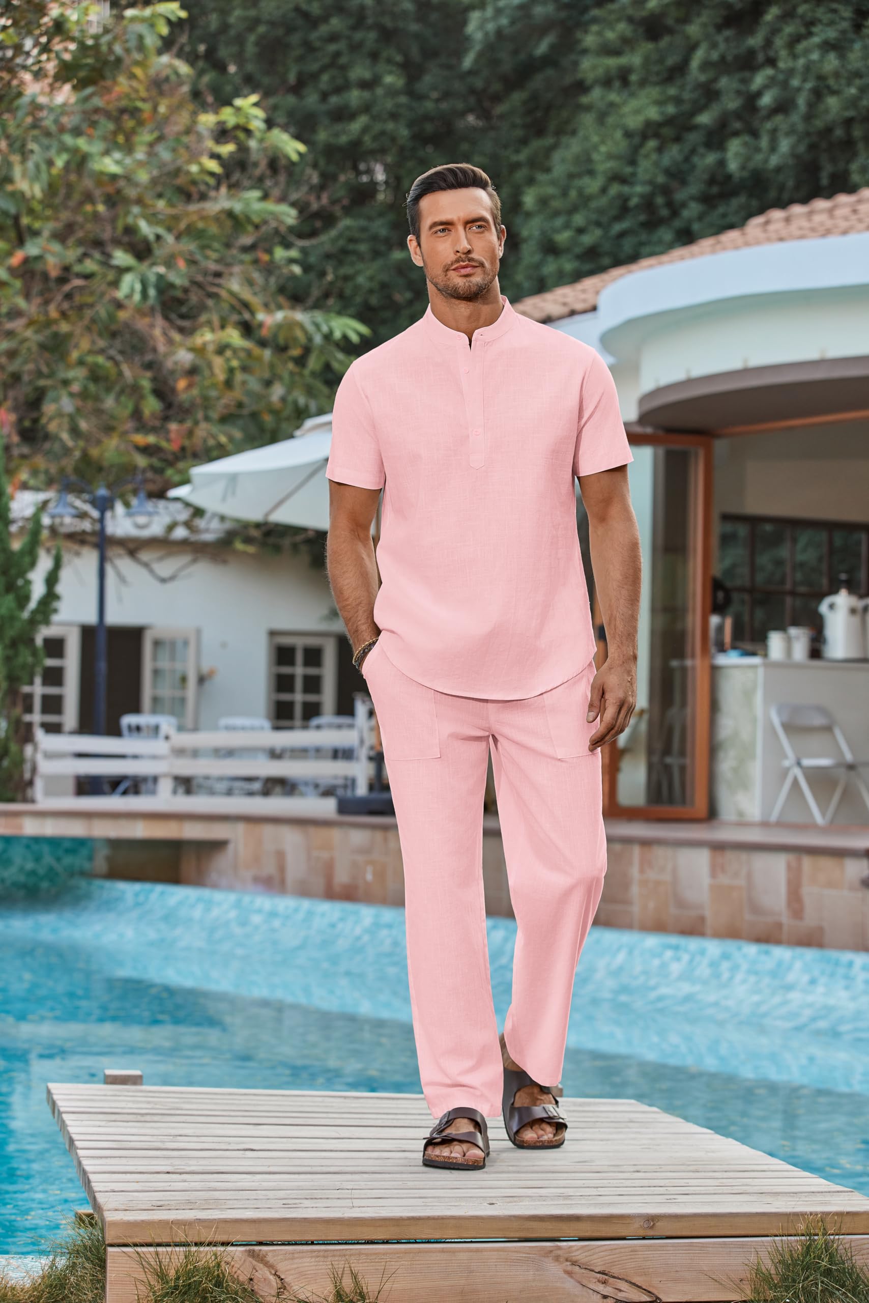 COOFANDY Set da uomo in cotone 2 pezzi casual a maniche corte Henley camicie e pantaloni da spiaggia con tasche abiti estivi vacanze
