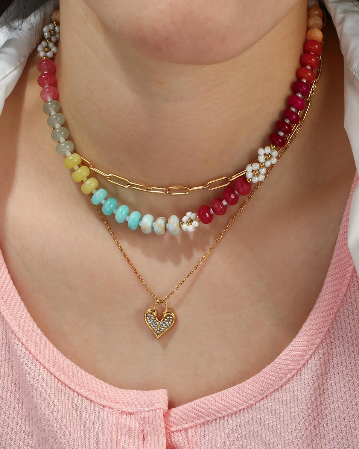 Elegance 11 designs Gemstone Beaded Necklaces For Women Rainbow Natural Stone Boho Waterproof Trendy Necklaces For Women Gift 16.5 inch - Image 3