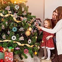 Vista 5 de Juego de 32 adornos para árbol de Navidad, caramelos navideños redondos, piruletas de jengibre, casa plana de jengibre, tren plano, dona, pastel