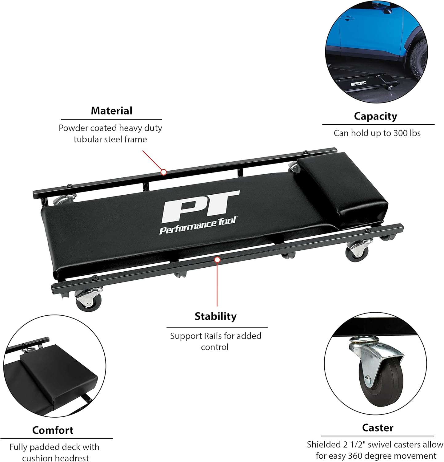 Performance Tool W85004 36-Inch Fully Padded Creeper With Headrest