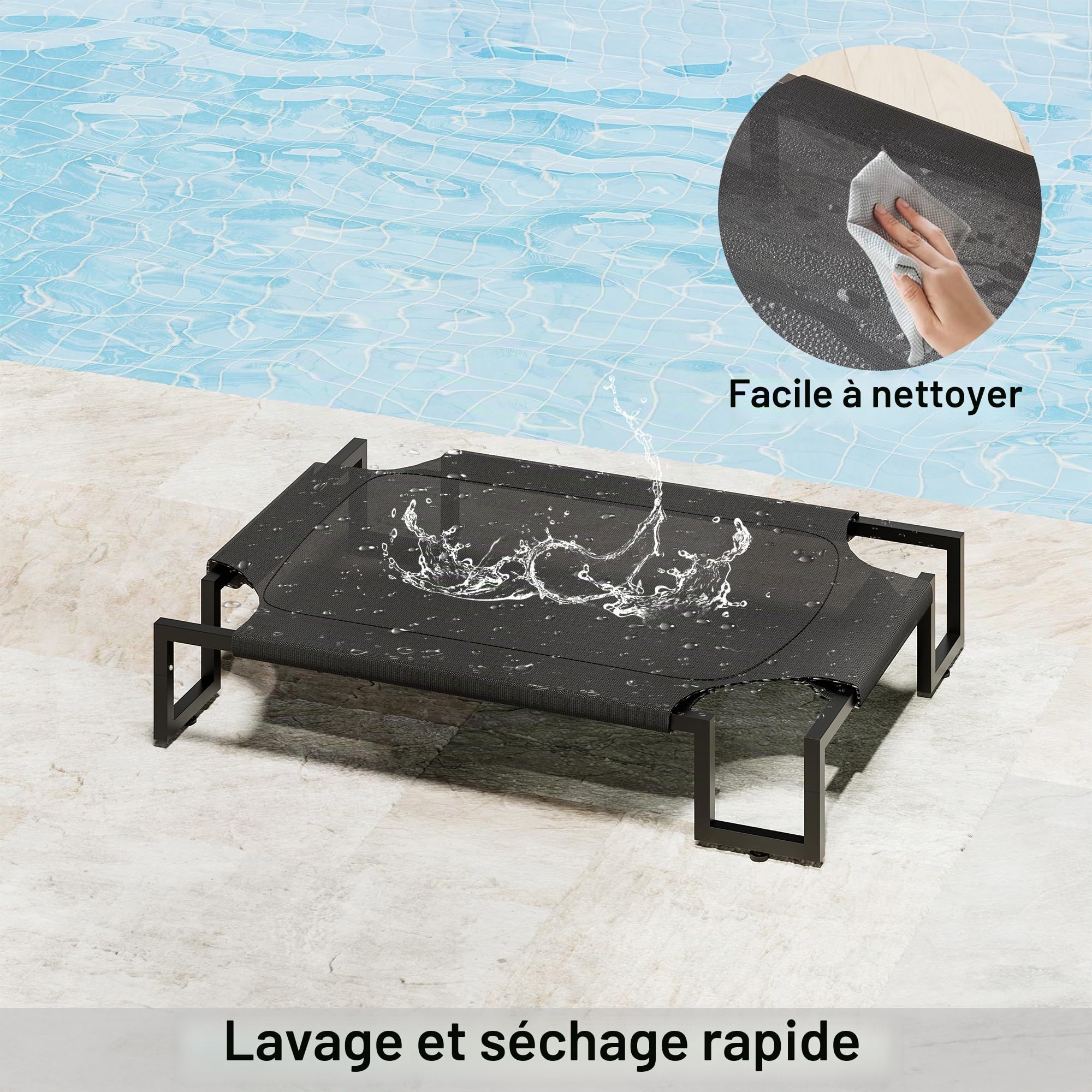 Lit pour Chien surélevé,Tapis Rafraichissant Chien,Lit Surelever de Camp pour Animaux de Compagnie Intérieur Extérieur,Panier Sureveler Chien Lavable Respirant,Cadre métallique Robuste,Noir