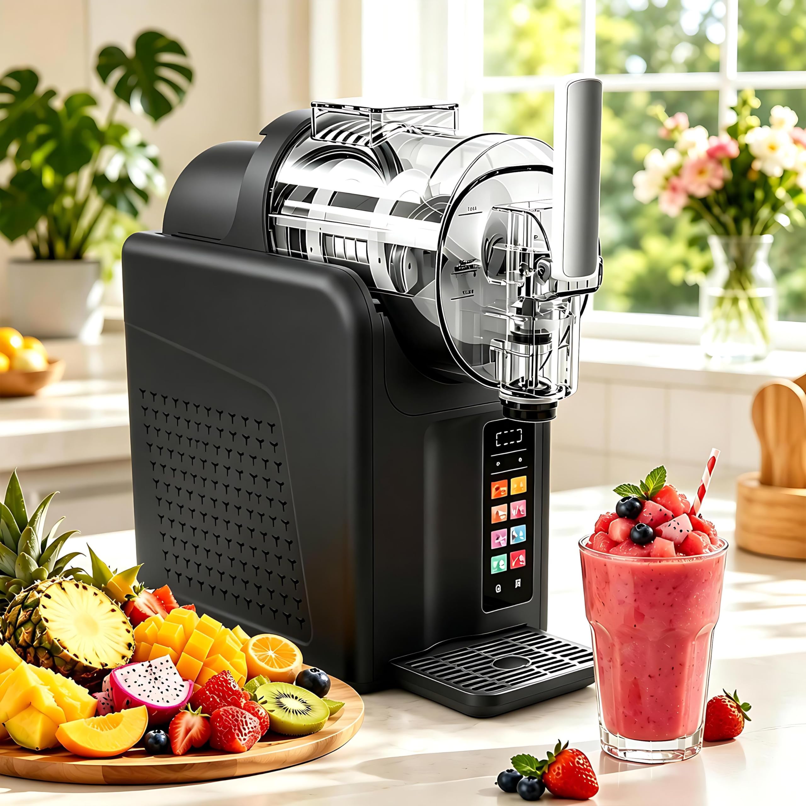 QIUNAOZI 185W Commercial Slush Machine, Mini Home Ice Cream and Slush Maker, 360° Stirring, Adjustable Hardness And Temperature, With Safety Lock, 7 Modes, for Slushies Shakes And Desserts Black